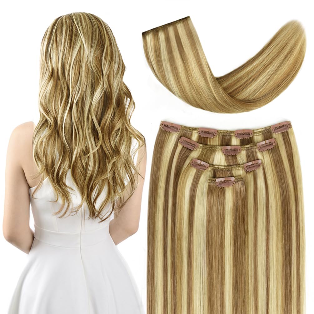 16'' Clip in Hair Extensions Remy Human Hair for Women - Silky Straight Human Hair Clip in Extensions 55grams 4pieces #12-613 Co