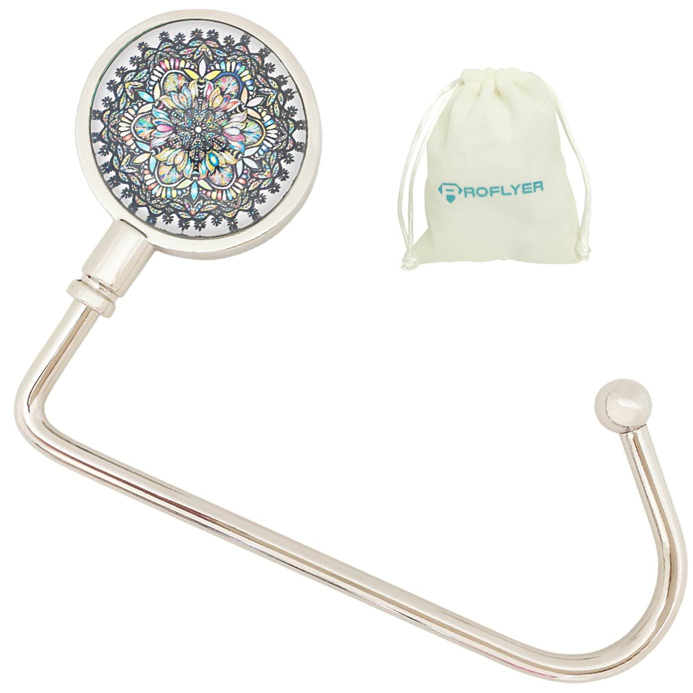 ROFLYER Purse Hook Hanger for Table Bar Long Handbag Hanger Bag Hanger with Velvet Pouch (Mandala)