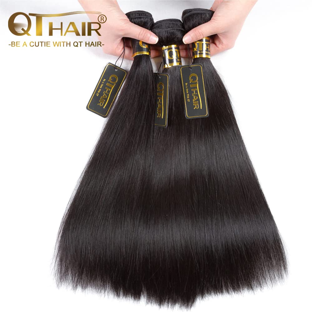 Qthair 14A Straight Human Hair Bundles(18 20 22,300G,Natural Black) 100% Unprocessed Human Hair Extensions Indian Straight Virgi