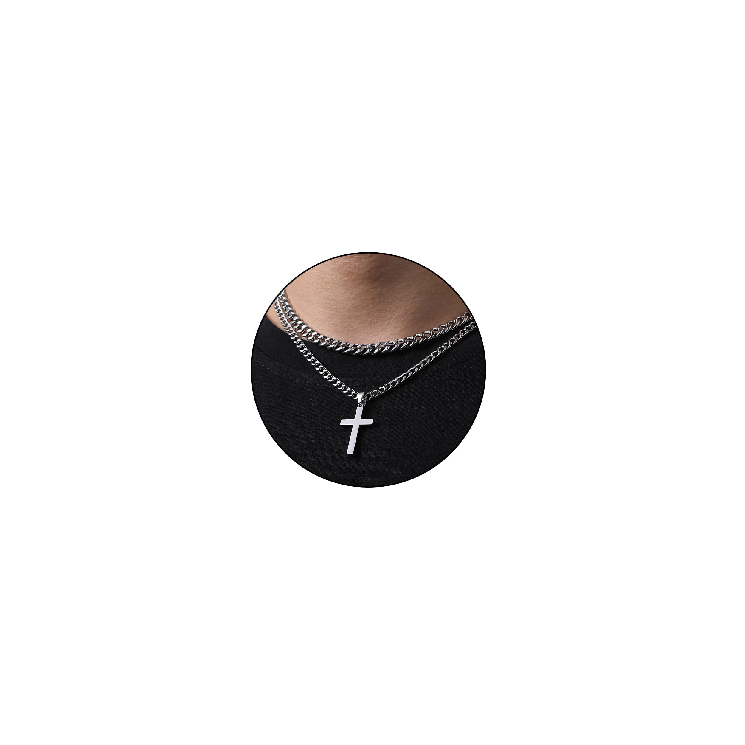 Zocomi Layered Cross Necklace for Men Boys, Stainless Steel Double Cross Pendant Layer Cuban Link Chains Religious Christian Chr
