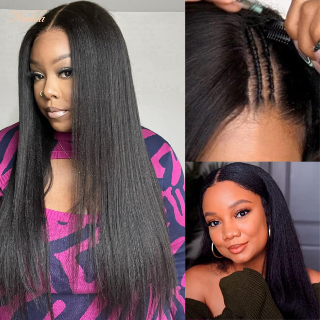 Nadula V Part Wig Yaki Straight Human Hair No Leave Out Glueless Upgraded U Part Wigs For Women,10A Yaki Straight V-Part Wigs V