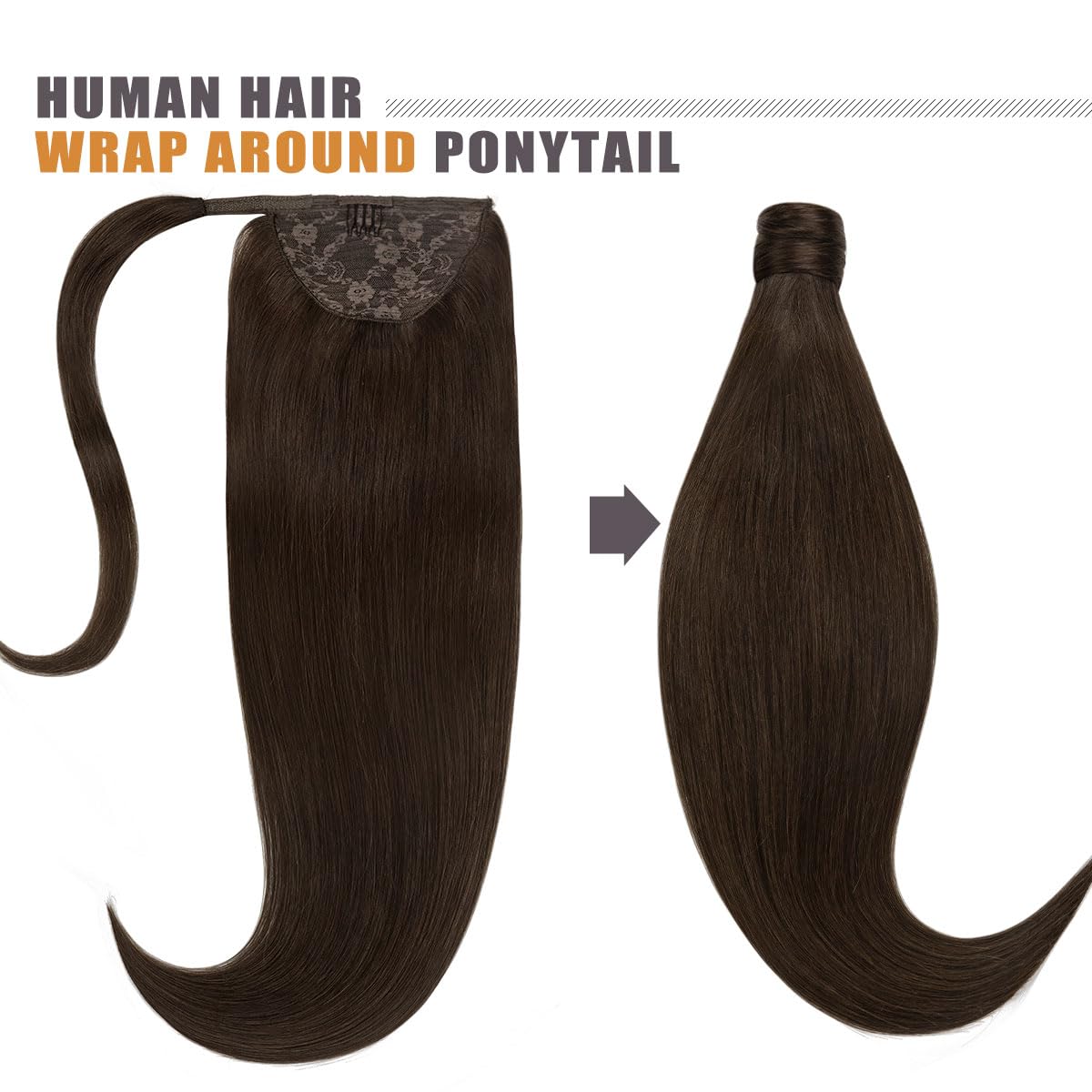 Lacer Warm Dark Brown Ponytail Extension Wrap Around Human Hair With Magic Paste 22 Inch Long Ponytail Extension Human Hair Silk