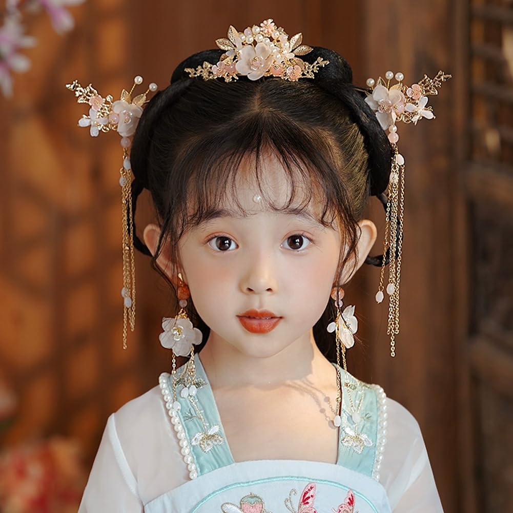 5 Pcs Flower Chinese Tassel Hair Stick Crystal Pearl Hanfu Hair Pins Classical Floral Bride Wedding Accessories For Women