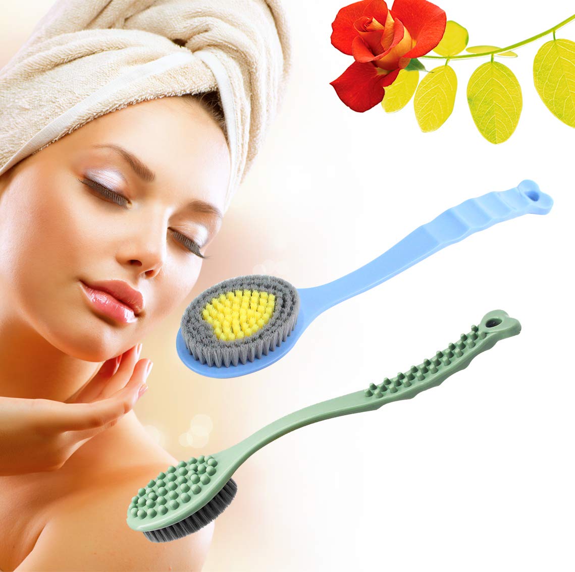 Qicheng&Lys Long Handle Bath Brush, Soft And Comfortable Massage Brush Bath Brush - 14 Inches (Blue Und Green)