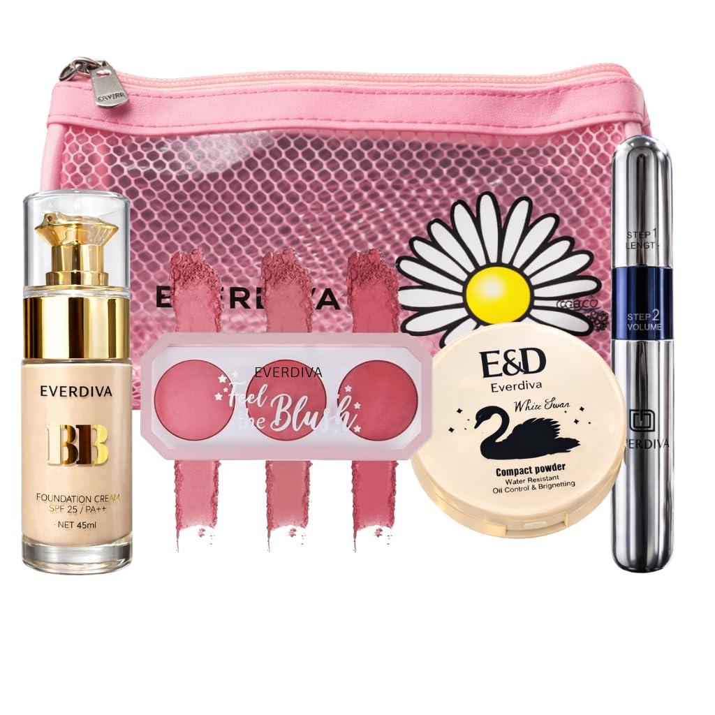4In1 Makeup Combo | Foundation, 3 Shade Blush Palette, Compact Powder & Mascara With A Makeup Bag | Smooth Base, Natural Flush