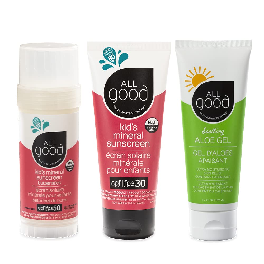 All Good Kids & Baby Mineral Sunscreen & Aloe Gel Bundle  UVA/UVB Broad Spectrum, Water Resistant, Zinc Oxide  Includes (1) SP