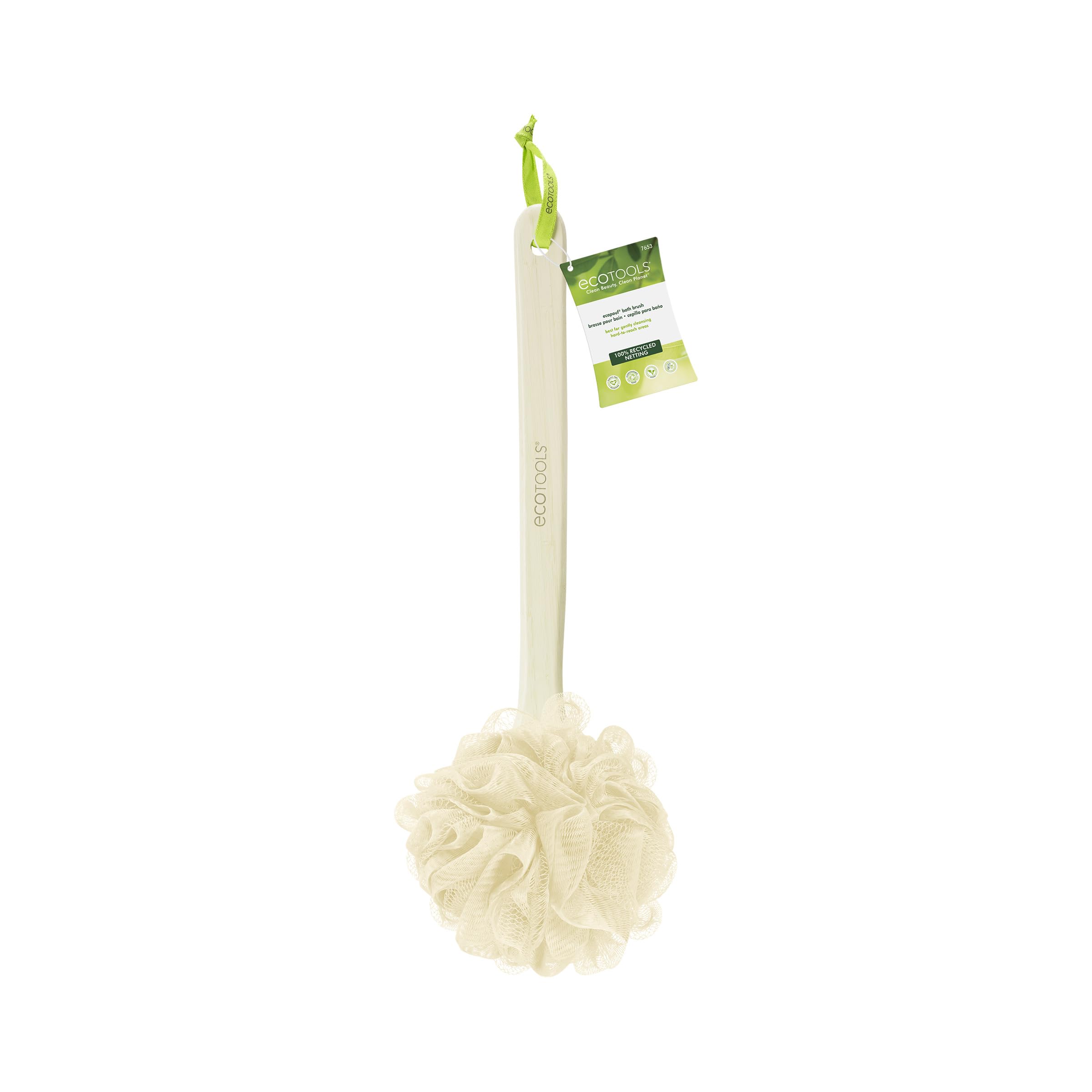Ecotools Ecopouf Bath Brush, Loofah Brush For Bath & Shower, Made With Long Handle & Recycled, Soft Netting For Gentle Exfoliati