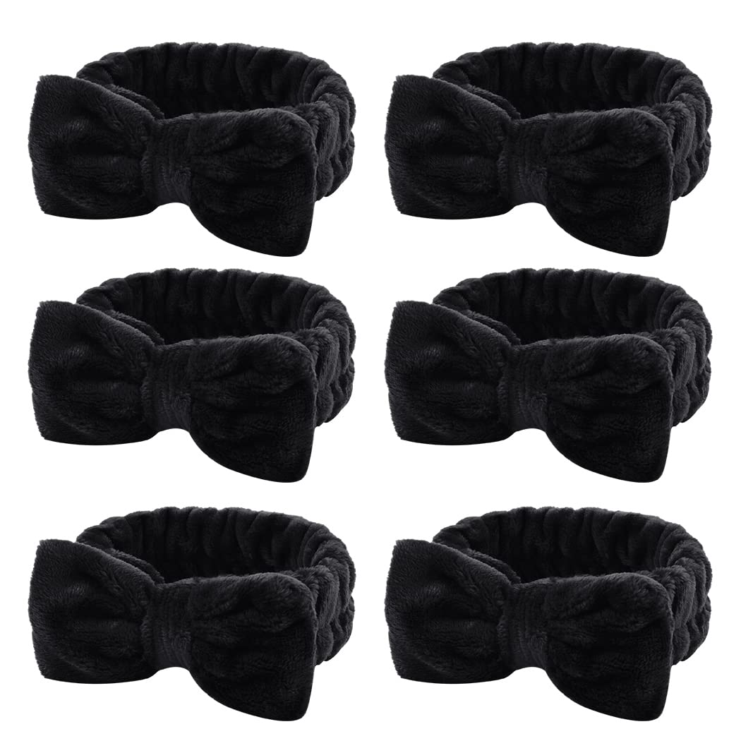 Whavel 6 Pack Spa Headbands,Black Makeup Headbands Microfiber Bowtie Headbands Facial Headband Soft Bowknot Fluffy Elastic Hair