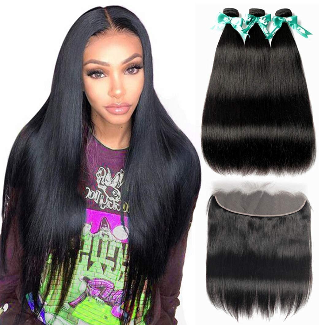 Brazilian Lace Frontal Closure with 3 Bundles Straight Virgin Hair Weave 13x4 Ear to Ear Frontal Lace Closure with Baby Hair 8A 