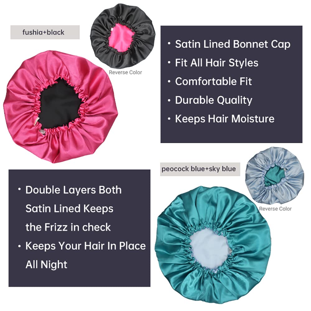 Satin Sleep Cap, Adjustable Satin Cap, Silk Bonnet, Reusable Bath Hair Cap For Night Sleeping Reversible Double Layer 2 Pack (Fu