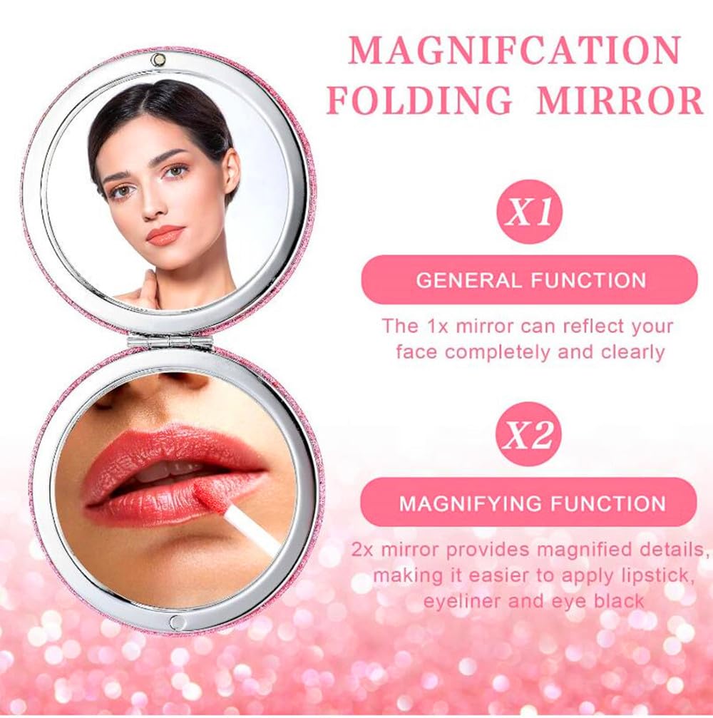 Mpowtech Cute Pink Compact Mirror For Women,Small Magnifying Travel Mirror With Glitter,Portable 2 X 1X Magnification Folding Po