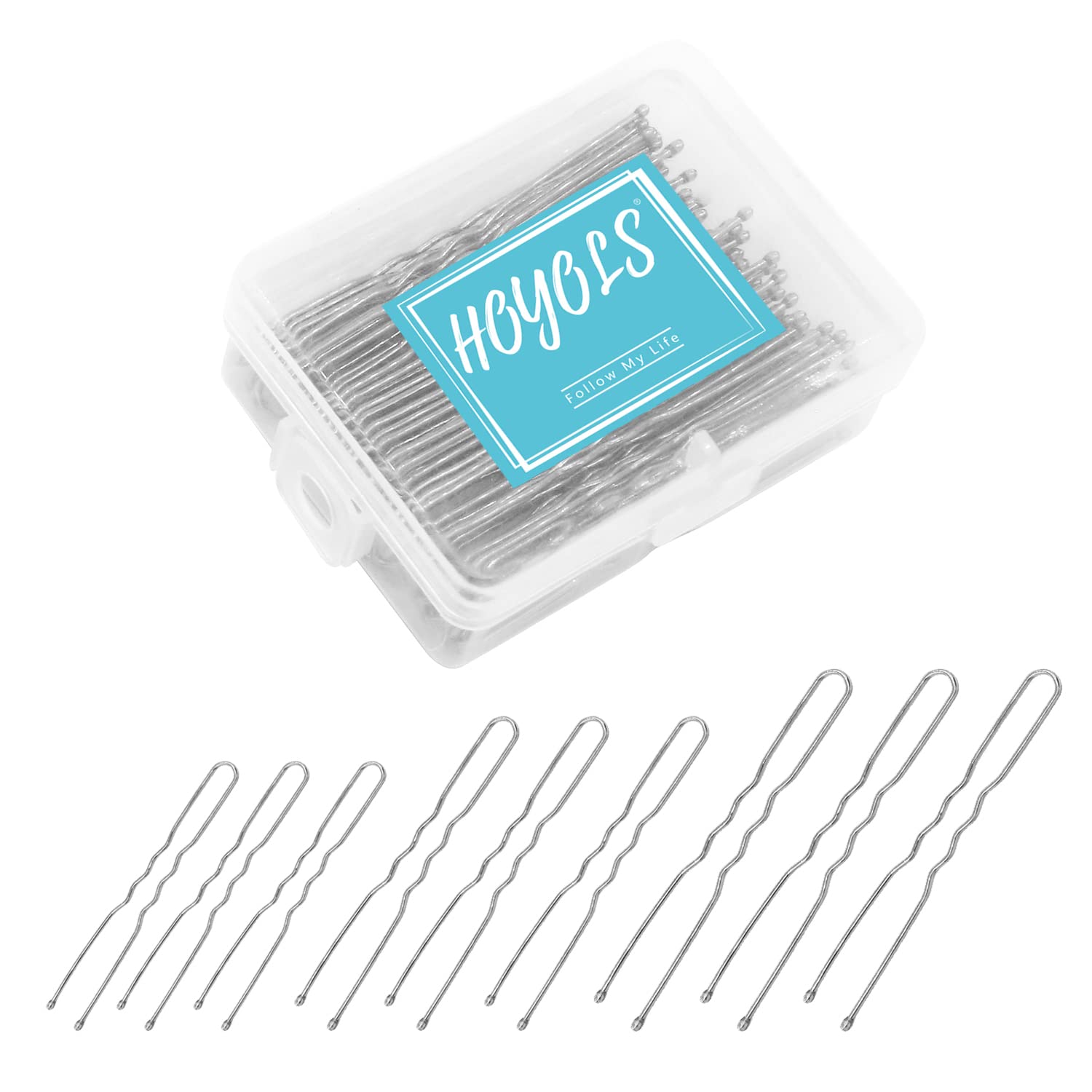 Hoyols U Shaped Hair Pins, Assorted Size Hair Bobby Pins, Metal Curved Curly Bun Clips Crimped Design with Ball Tips for Women G