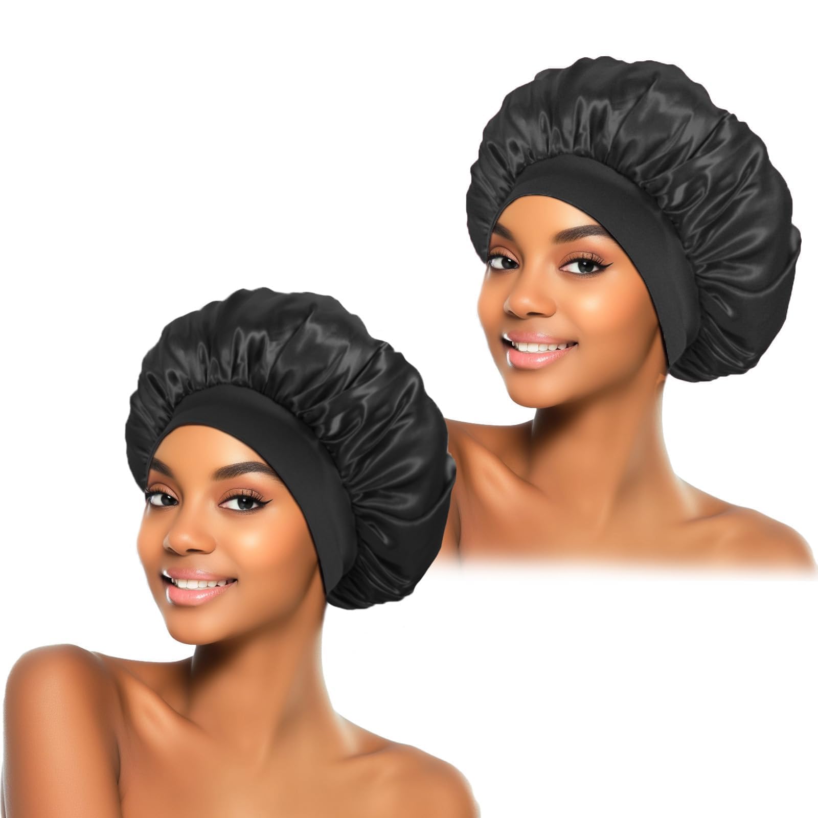 2Pcs Silk Bonnet For Sleeping, Satin Hair Bonnets, Soft Elastic Band Silk Sleep Cap, Silk Hair Wrap For Curly Hair Shower Cap (B