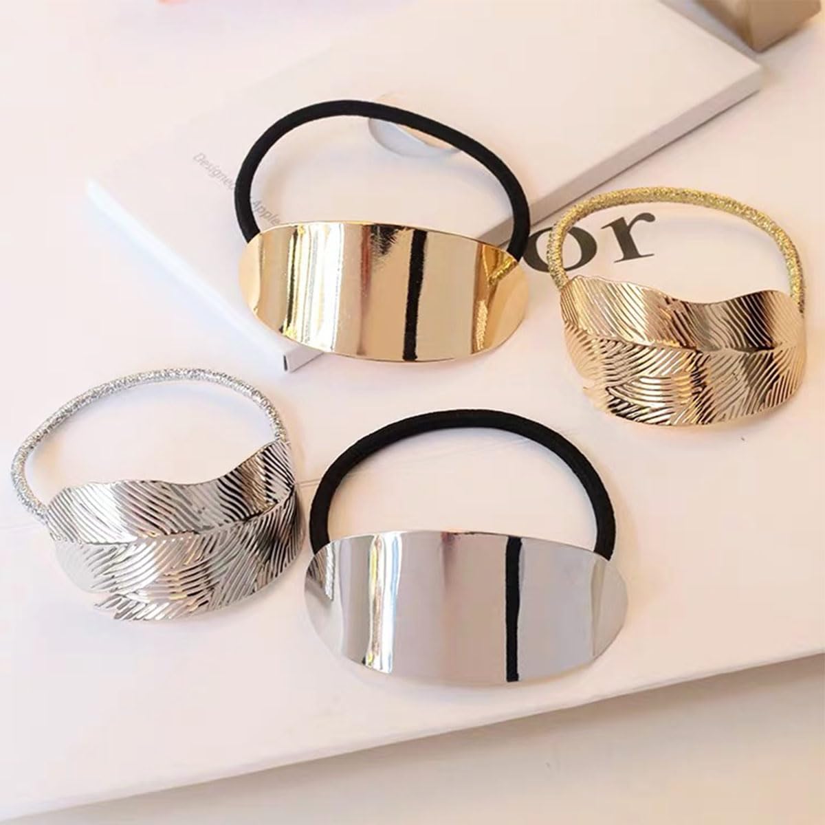 12 PCS Metal Ponytail Holders - Elastic Gothic Punk Leaf Glossy Ellipse Hair Accessories for Women and Girls