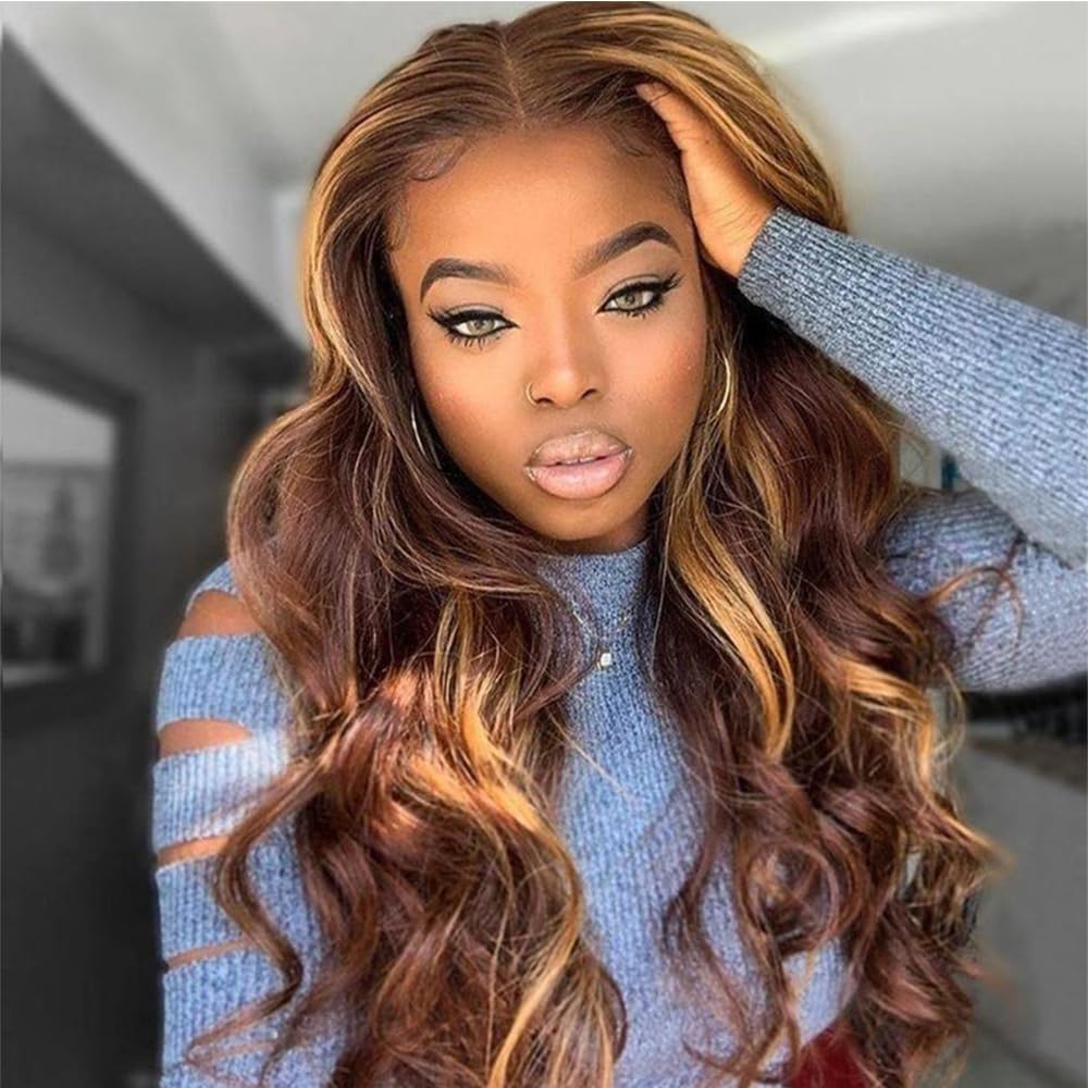 13x6 Highlight Ombre Lace Front Wigs Human Hair 180 Density Full Frontal Glueless 4/27 Brown Colored Pre Plucked with Baby Hair 