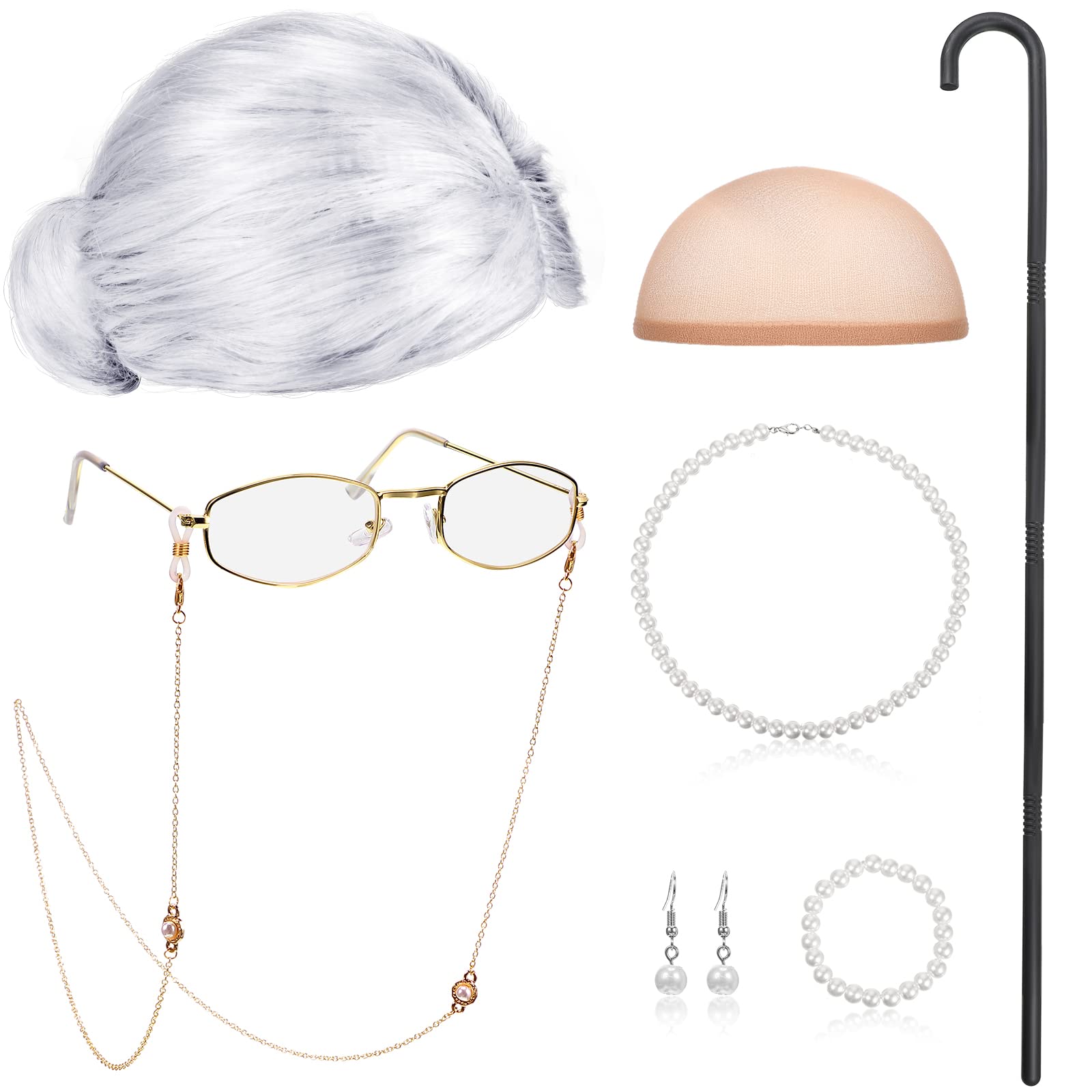 BBTO Old Lady Cosplay Set Grandma Gray Wig for Women Walking Cane Glasses Chain Cords Faux Pearl Bead Necklace(Silver Bun Wig)