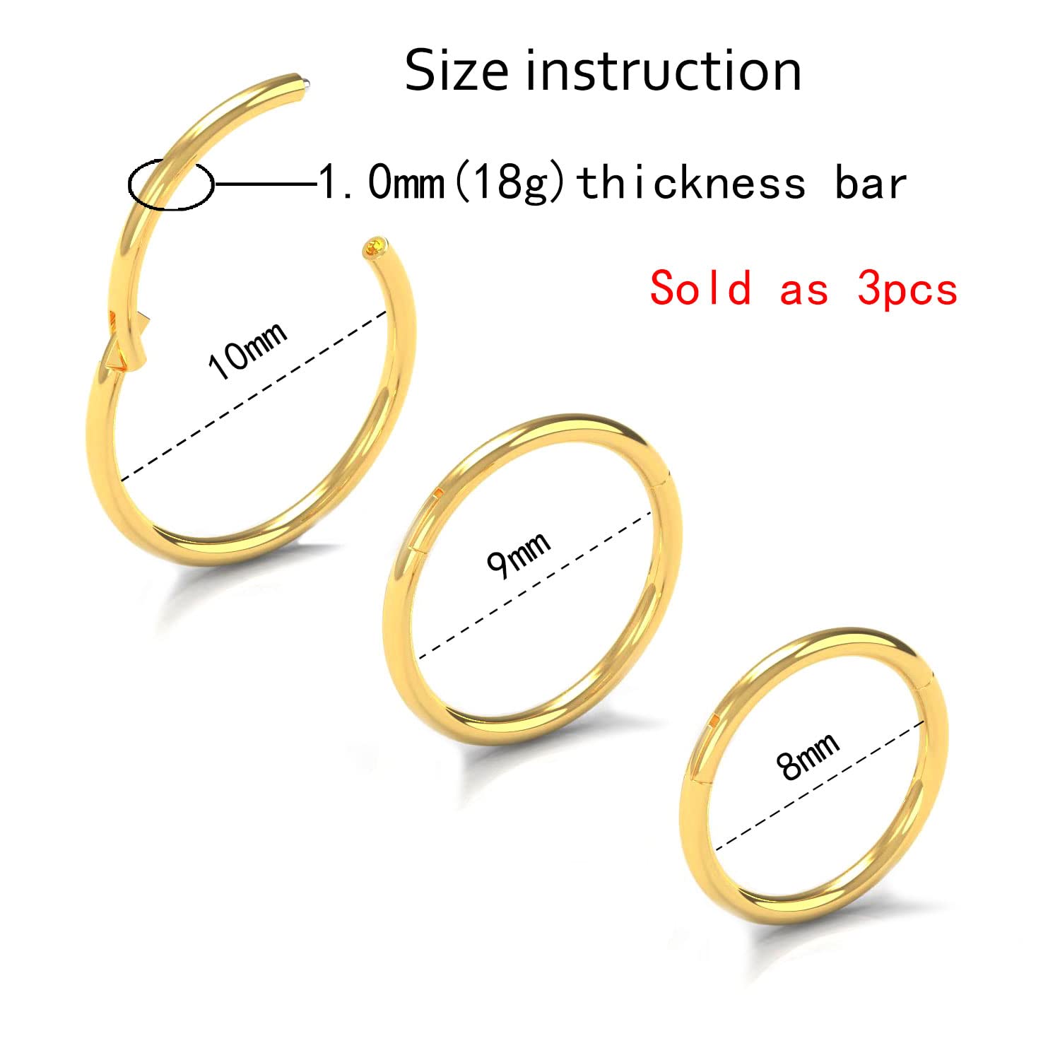 NewkeepsR 3PCS-1.0mm Gold Anodised Hinged Clicker Nose Hoop Rings, 18 Gauge 316L Steel Seamless Segment Sleeper Earrings Piercin