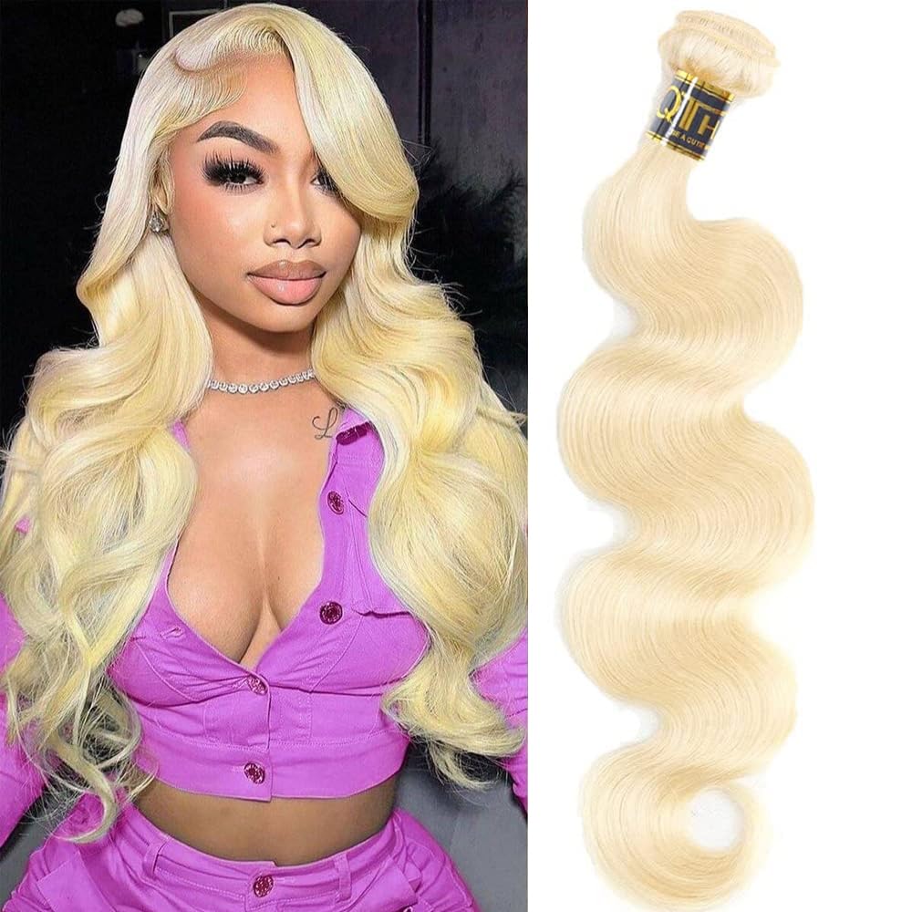 Qthair Beauty Human Hair Blonde Bundles 14A Grade 100% Brazilian Human Hair Color #613 Platinum Blonde Body Wave 16'' Light Blon