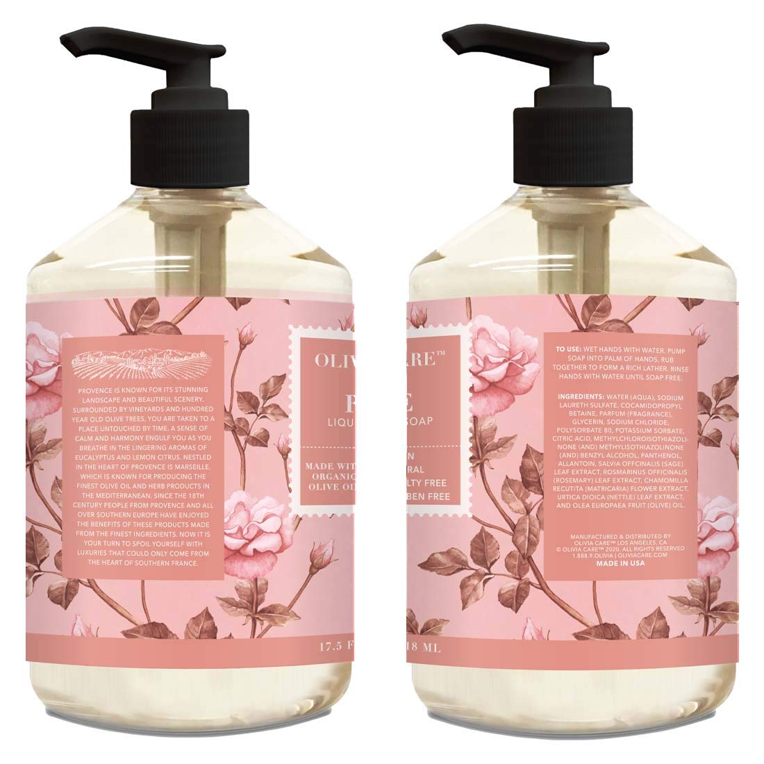 Olivia Care Liquid Hand Soap Rose & Essential Oils. All Natural - Cleansing, Germ-Fighting, Moisturizing Hand Wash For Kitchen &