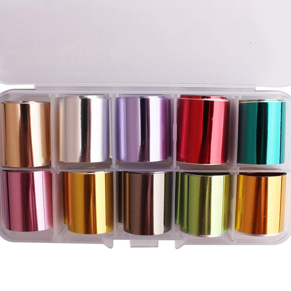 Wokoto 10 Rolls Solid Color Nail Art Foil Stickers Tip Mirror Design Starry Sky Adhesive Nail Transfer Decals Manicure Decoratio