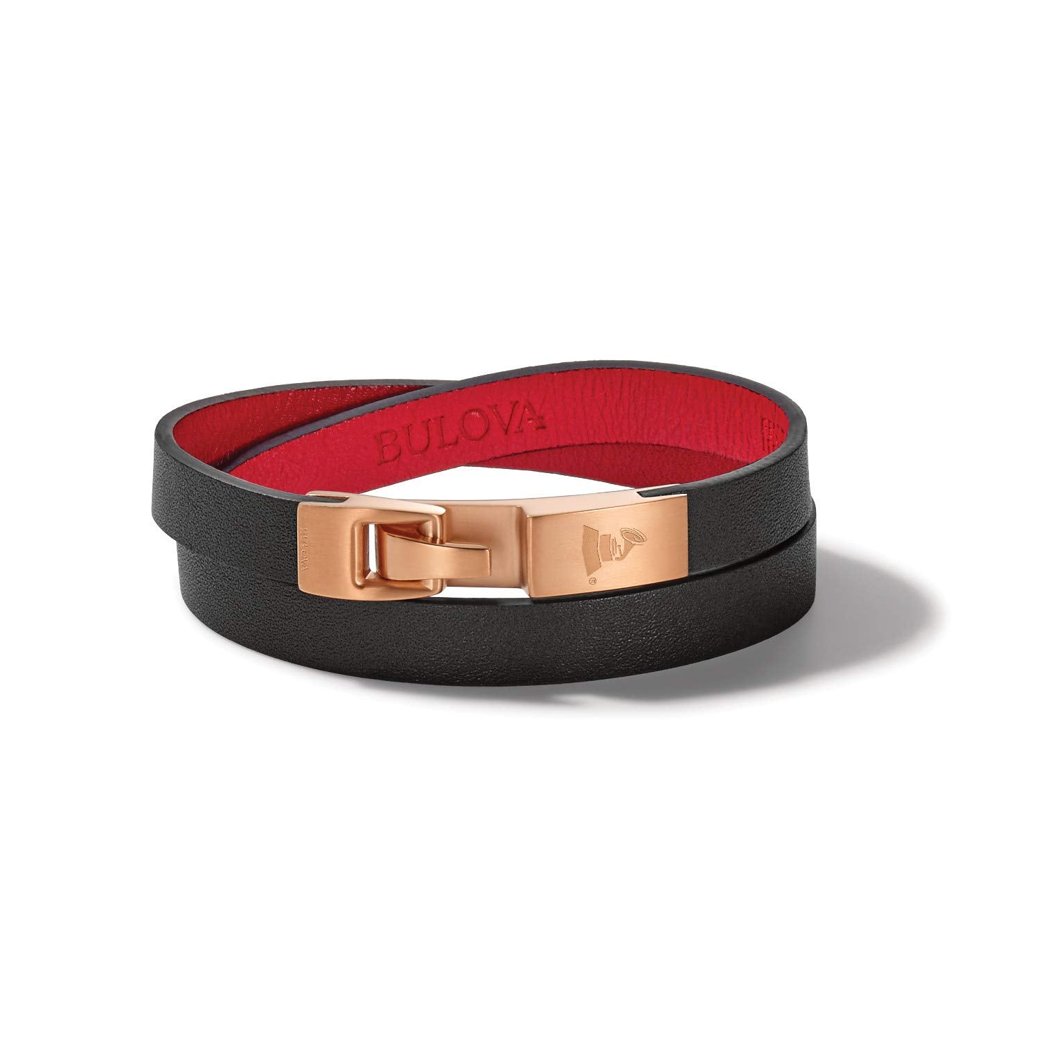 Bulova Jewelry Men's Latin Grammy Double Wrap Black Leather Bracelet with Red Lining and Rose Gold Tone Clasp