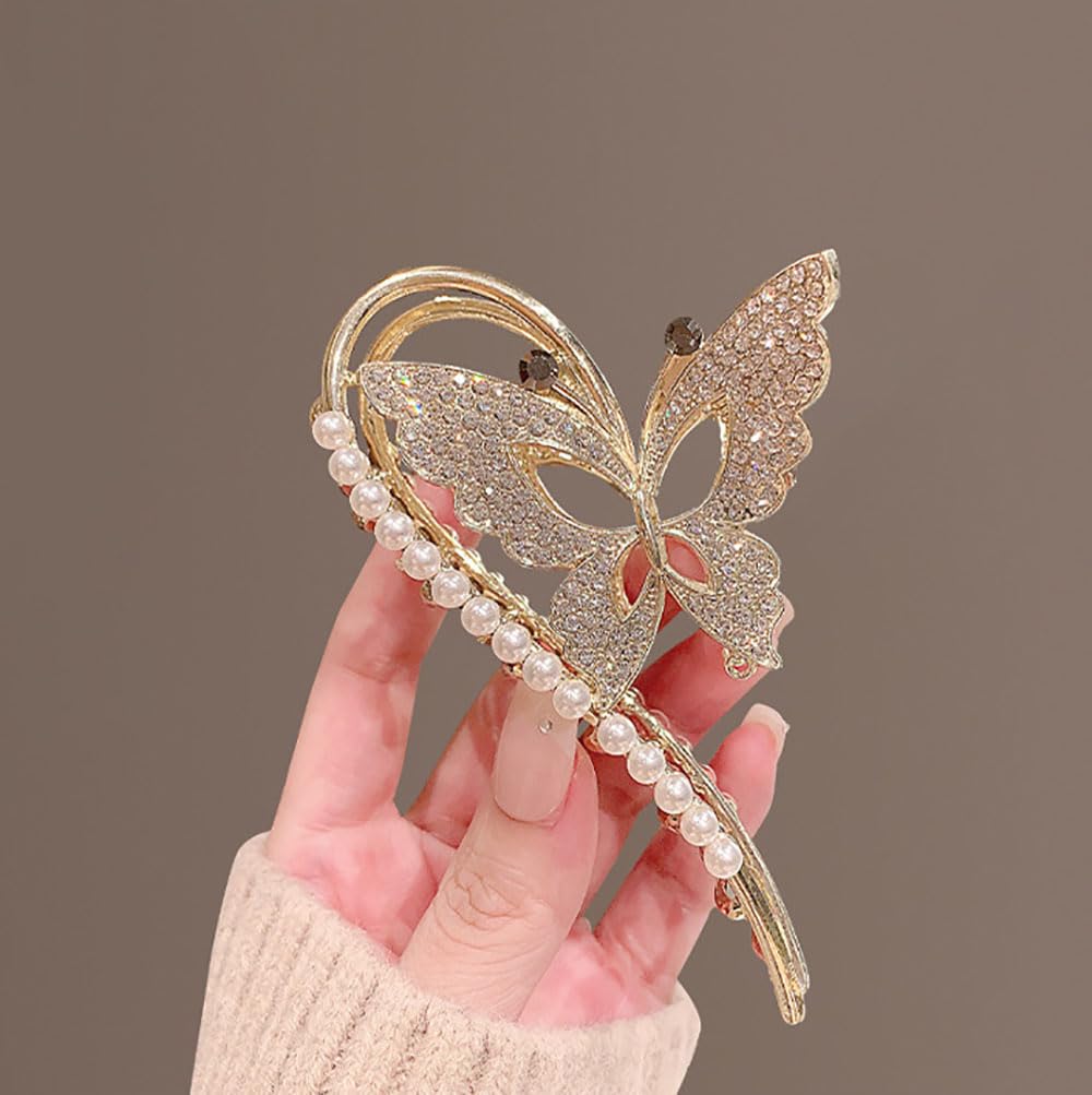 Diamond Non-Slip Metal Hair Claws With Sparkly Pearls - Big Cute Butterfly Headwear Gifts For Women, Set Of 2