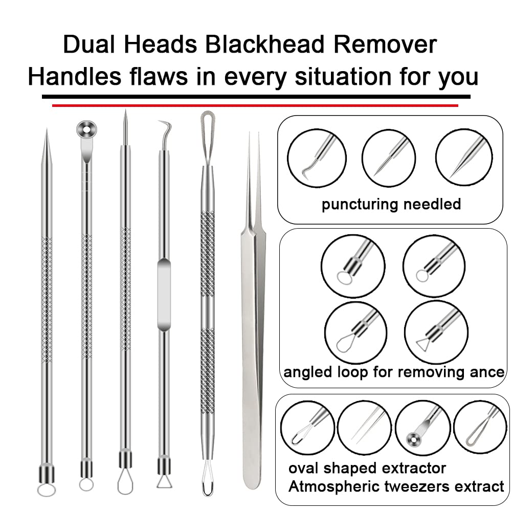 BLAAROOM Pimple Popper Tool Kit - 6 Pcs Stainless Steel Blackhead Remover Set - Silver Acne Treatment for Face and Nose