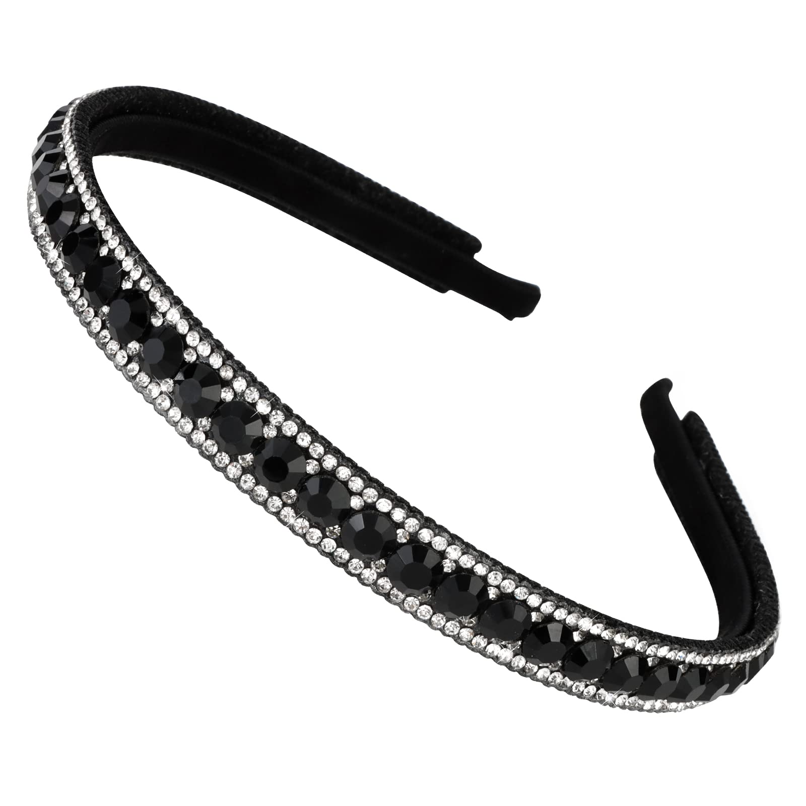Wecoe Rhinestone Headband - Black Narrow Bling Sparkly Diamond Skinny Hair Band, Fashion Birthday Holiday Accessory for Women Gi