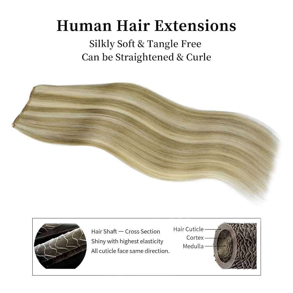 16'' Clip In Hair Extensions Remy Human Hair For Women - Silky Straight Ash Blonde Highlighted Platinum Blonde Real Hair Extensi