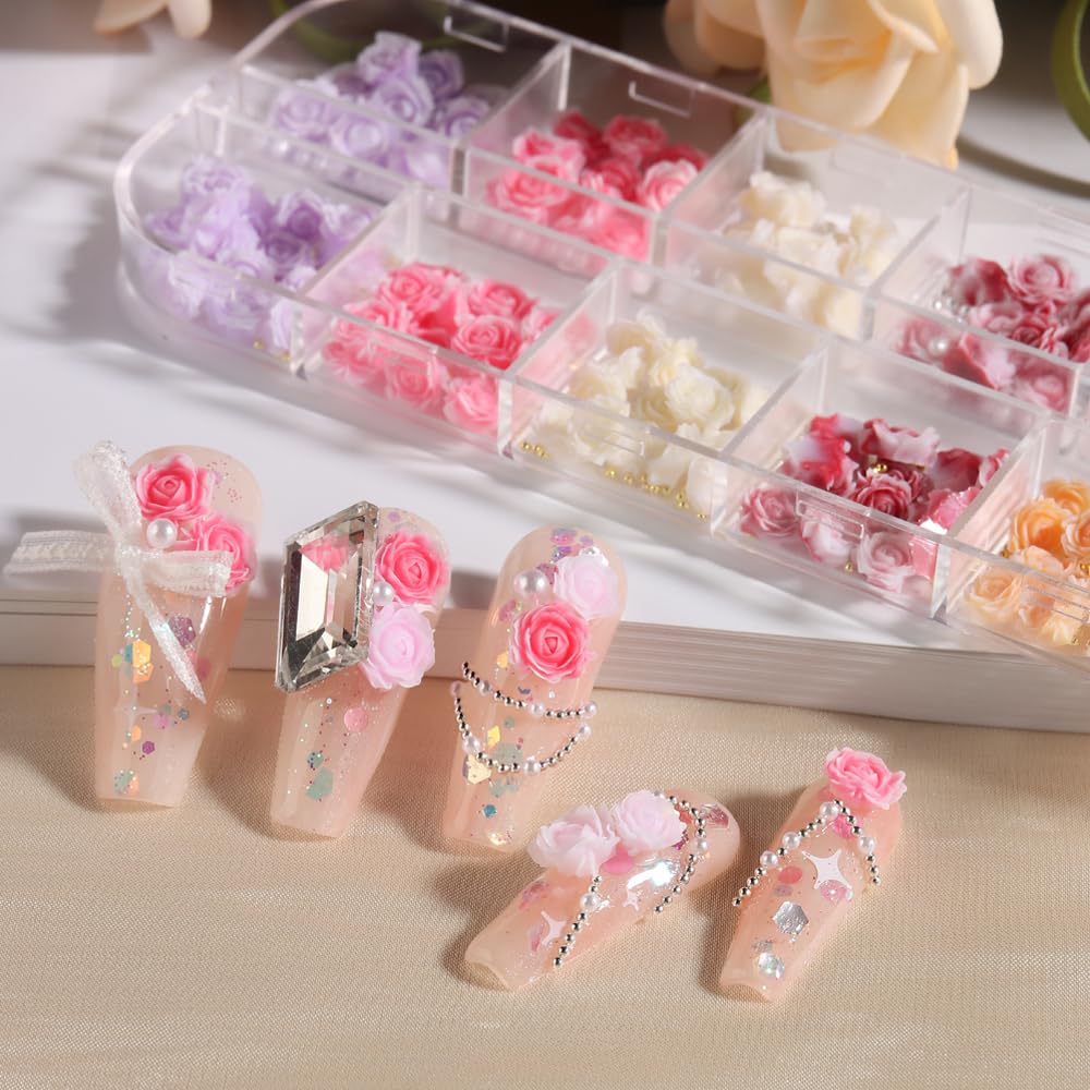 3D Flower Nail Charms, Gradient Red Pink White Resin Acrylic Rose Camellia Flower With Pearls Caviar Beads, Spring Floral Gems J