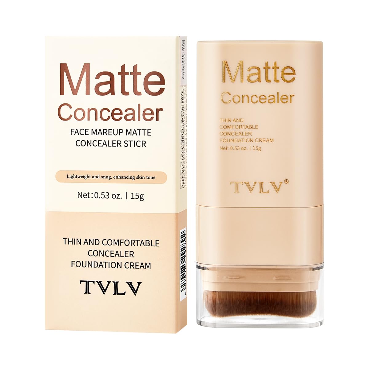 TVLV Matte Concealer Foundation Cream, 9 Shades, Thin Comfortable Coverage with Brush, 0.53 oz, Protective Makeup Lock Color (08