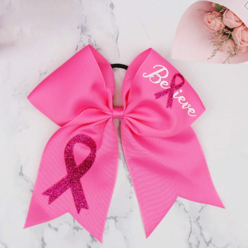 10pcs Breast Cancer Awareness Cheer Bows,7 Inches Pink Cheer Bows For Girls Women In October Cheerleading Hair Elastic Bands