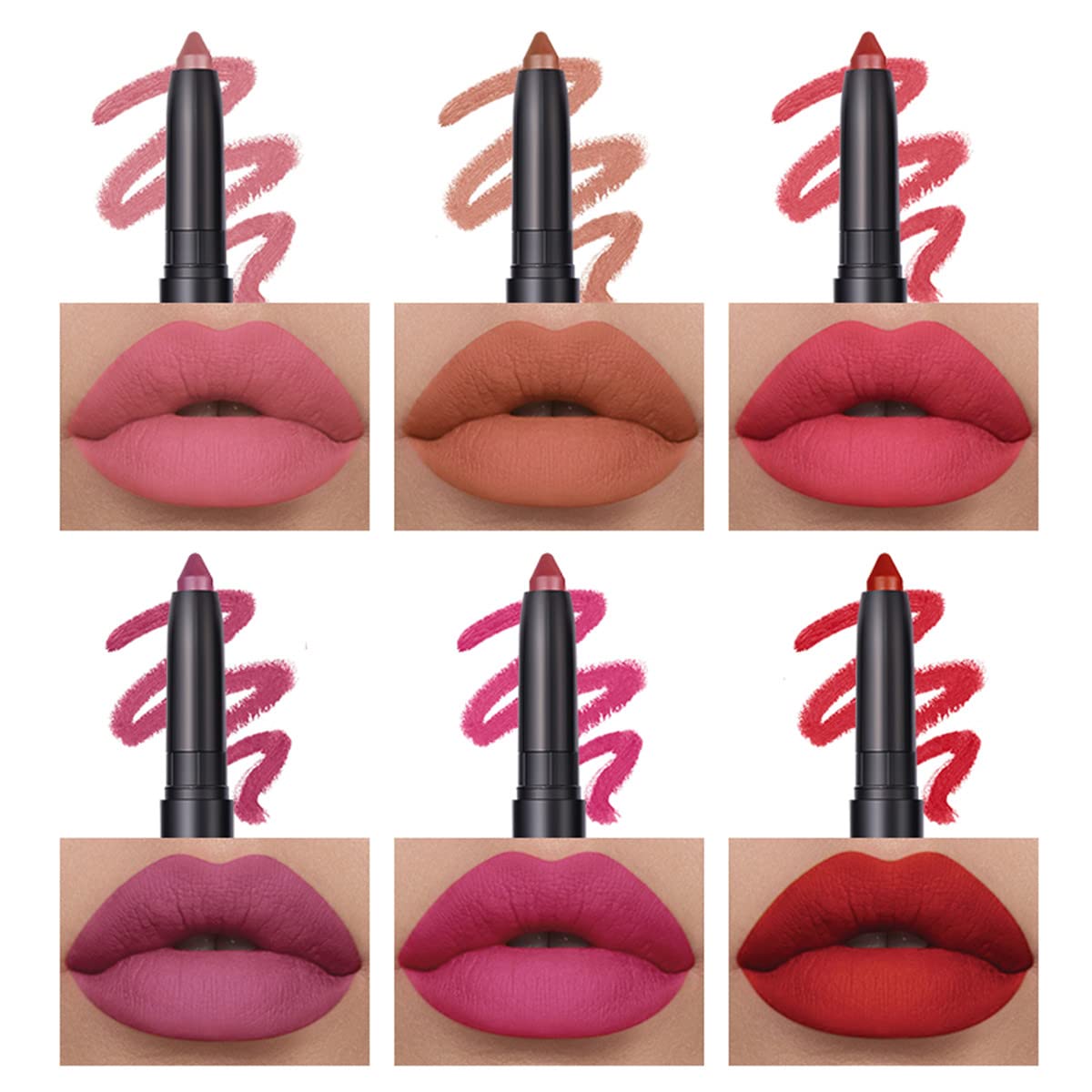 6 Colors Matte Lip Crayon Set, Velvet Creamy Lipstick Lip Liner Pencil Set, Intense Full Coverage Long-Lasting Soft Matte Lipsti