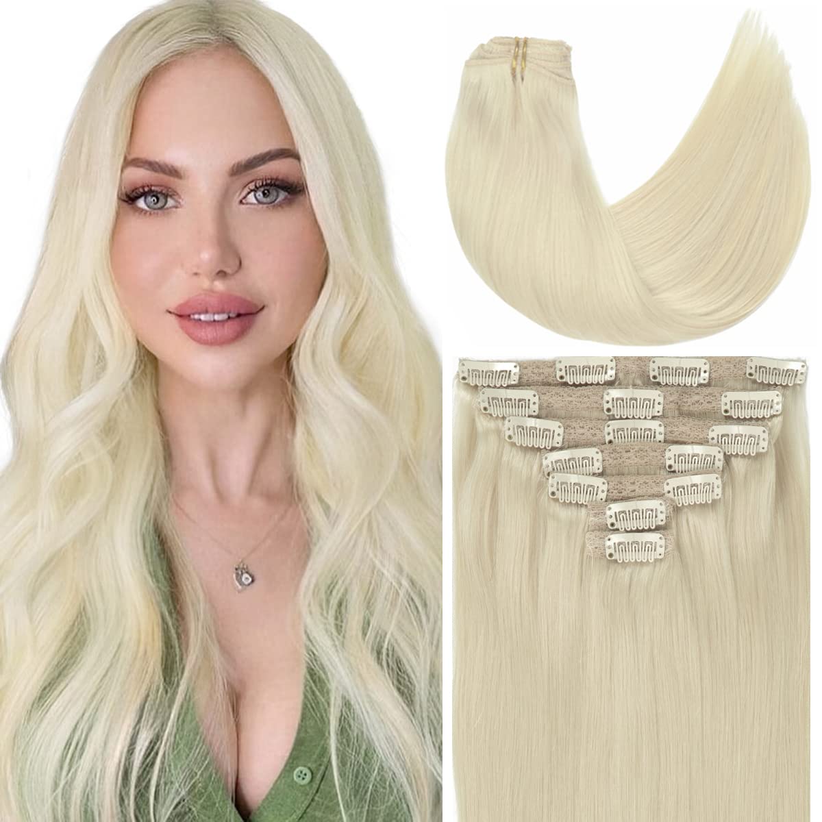Caliee Blonde Hair Extensions Clip in Human Hair Thick Hair Extension Full Head Seamless Double Weft Lace Remy Hair Extensions C