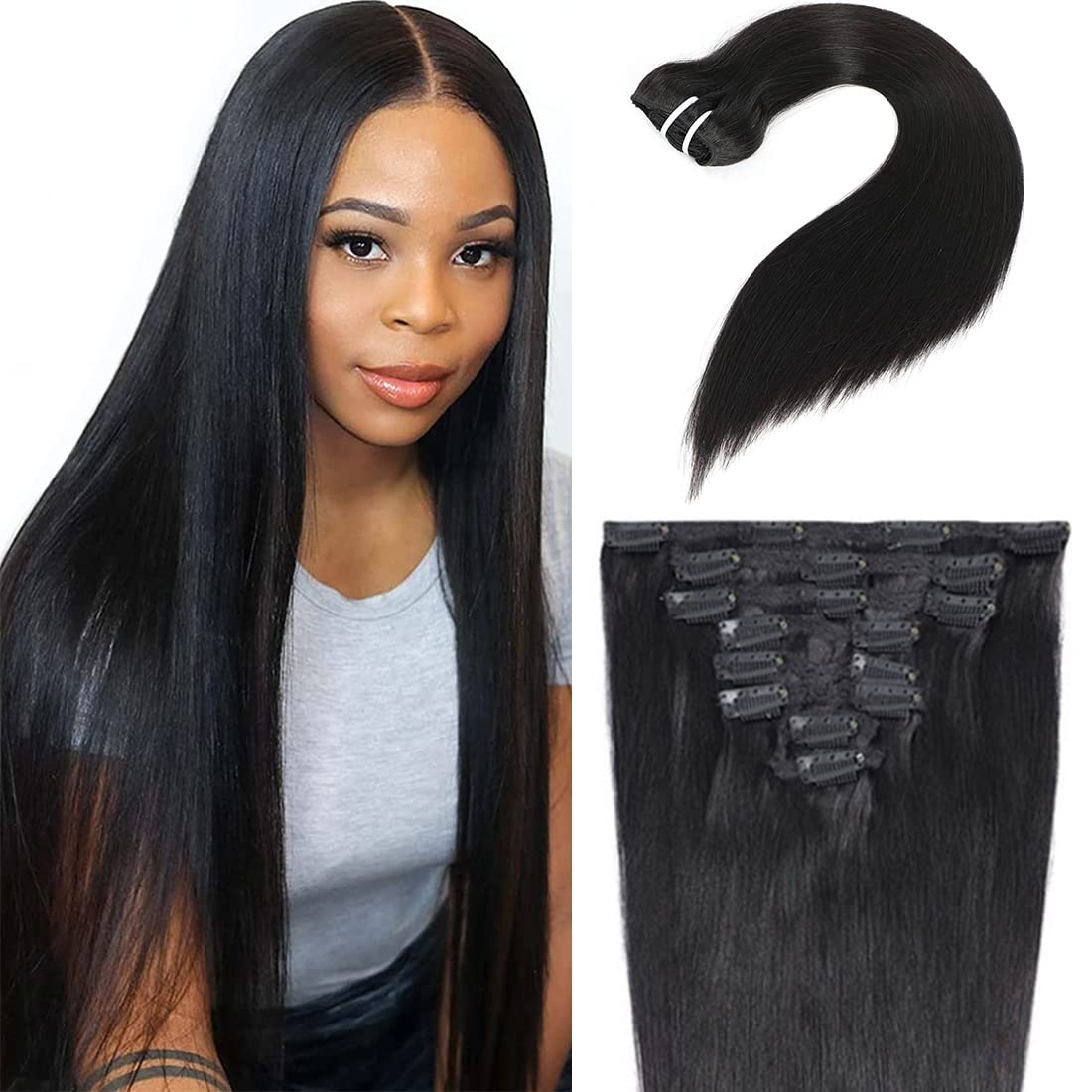Human Hair Straight Clip in Hair Extensions for Black Women 24 Inch Human Hair 1B# Straight Clip Ins Natural Black No Tangling N
