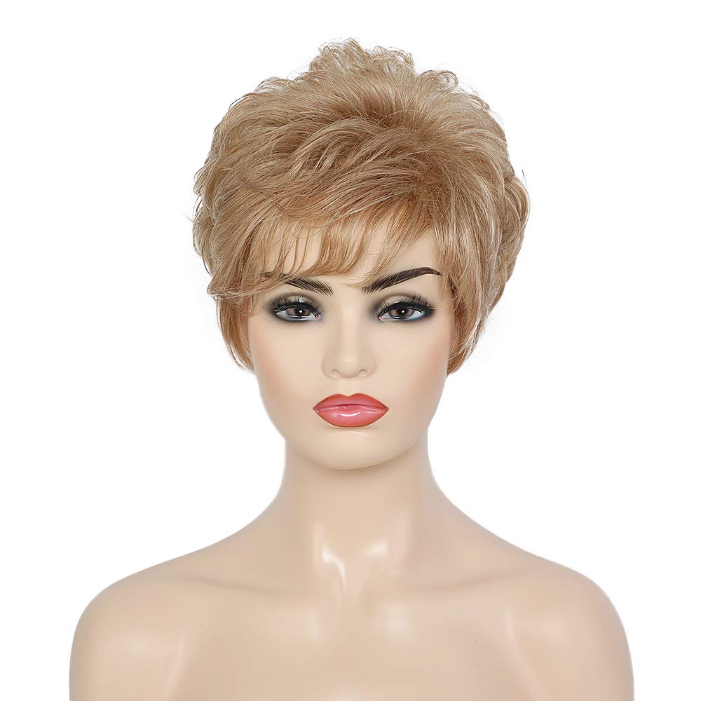 Emmor Short Blonde Human Hair Wigs For Women Blend With Healthy Fiber Mixed Color Pixie Cut Wig,Natural Daily Use Hair (Color 30