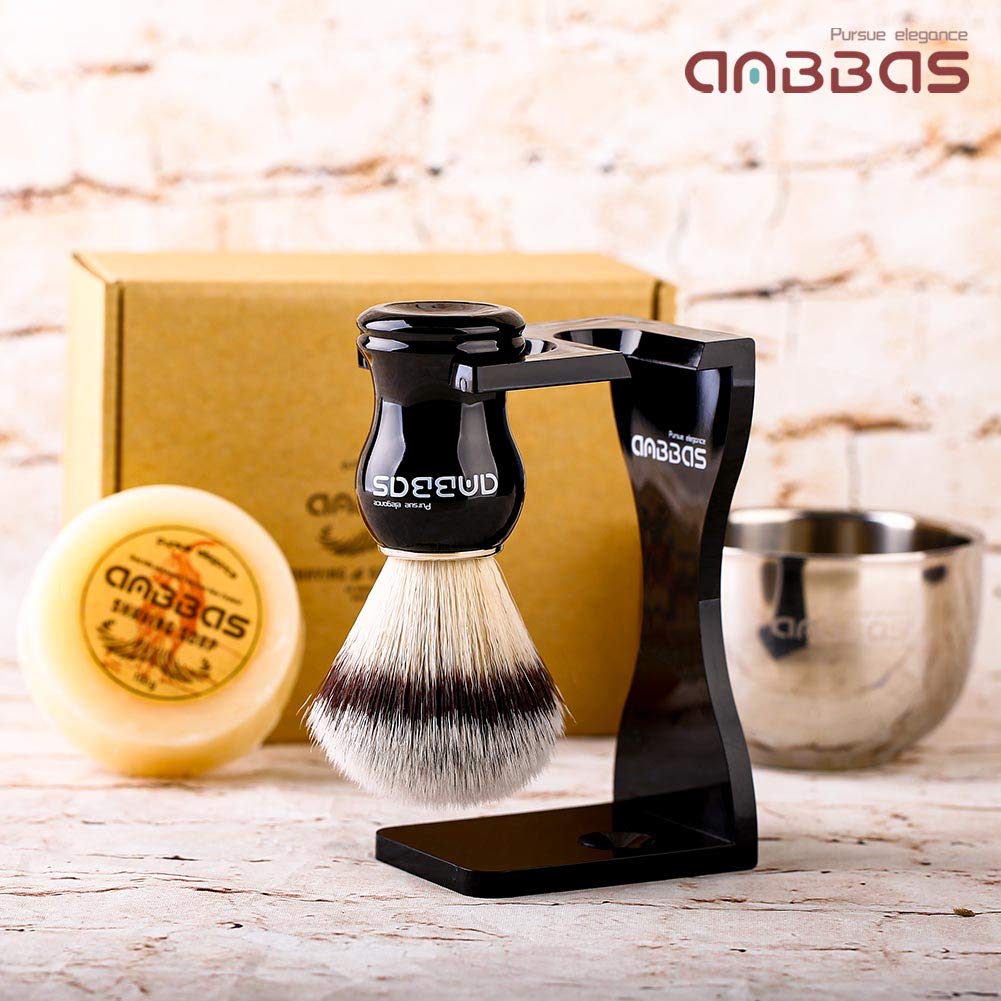 Anbbas Faux Badger Shaving Brush Set With 3.5Oz Milk Shaving Soap And Bowl Stainless Steel,Black Acrylic Shaving Stand Holer For