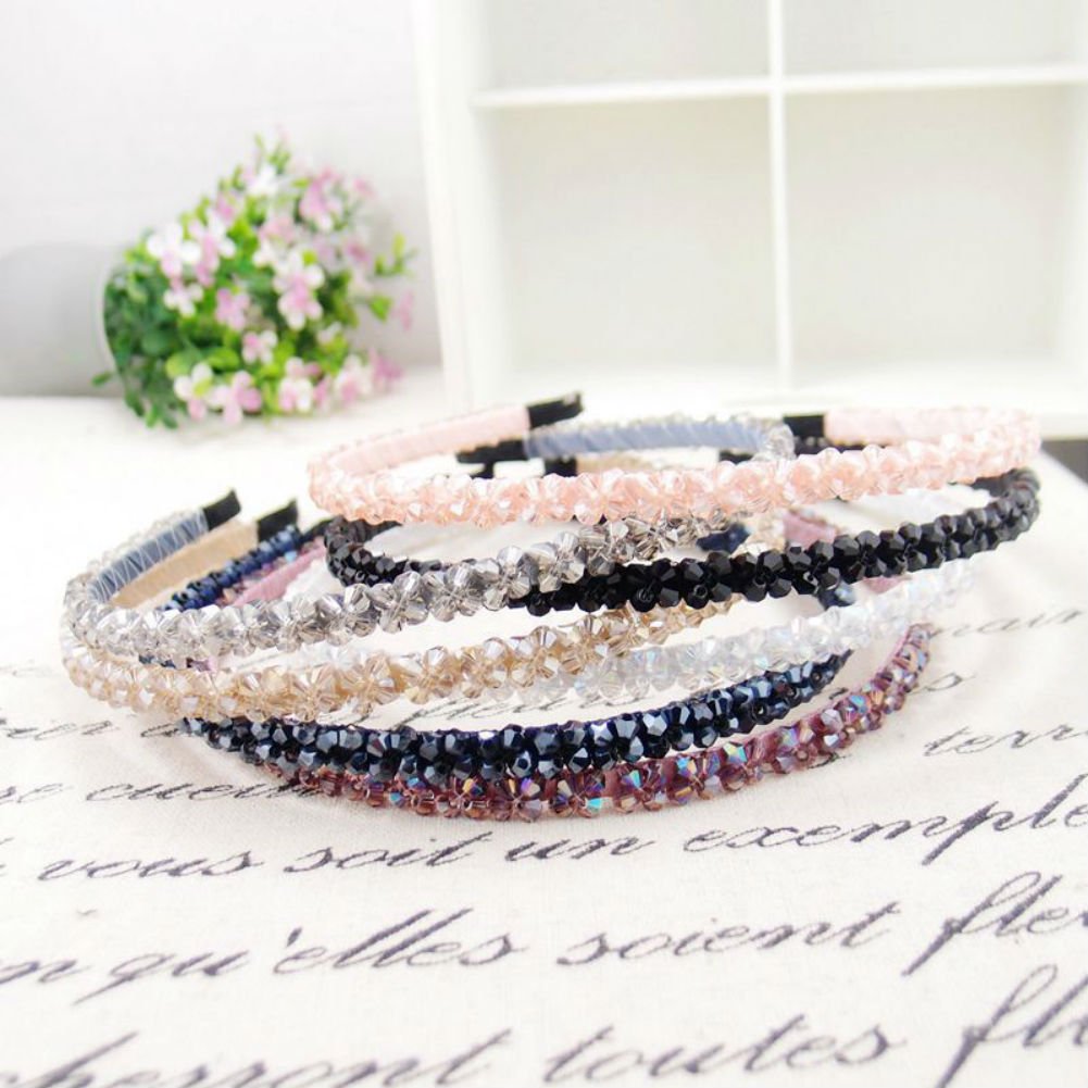 AKOAK Fashion Super Shiny Women Two Rows Black Crystal Beads Headband Girls Headwear Rhinestone Beaded Hair Band Hair Accessorie