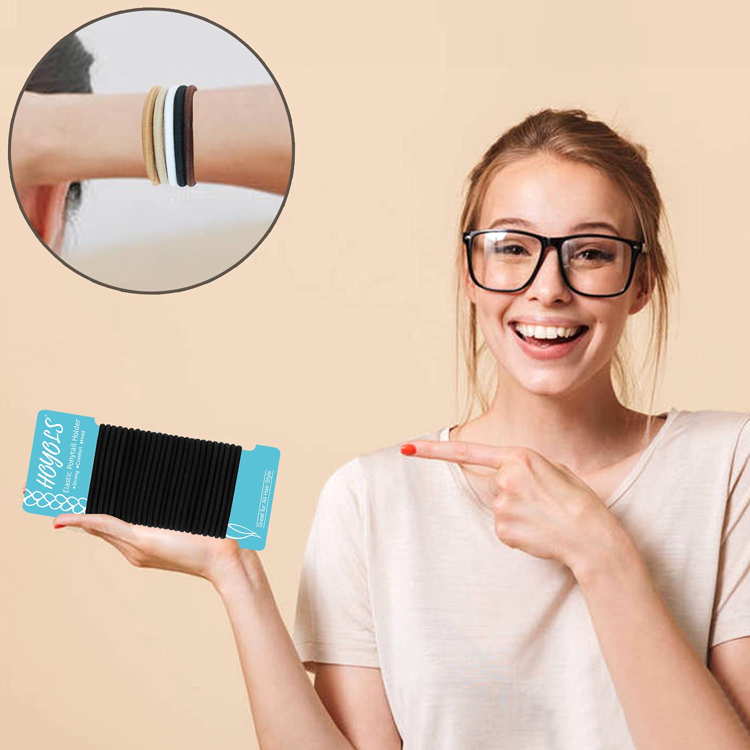 HOYOLS Black Hair Elastics Ties, No Metal Ponytail Holders Hair Bands Elastic Braided Thick for Women Girl Thick Fine Curly Hair