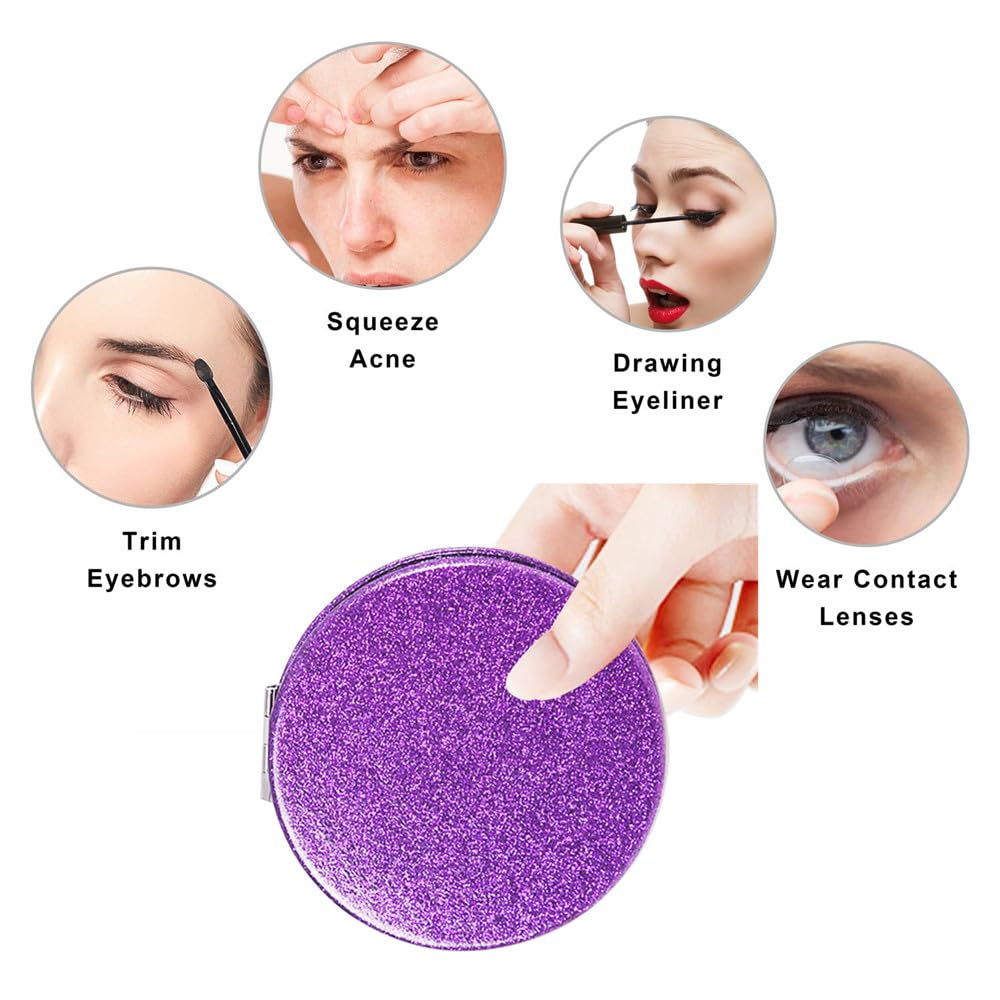 Mpowtech Cute Purple Compact Mirror For Women,Magnifying Travel Mirror With Glitter,Leather Small Pocket Mirror,Portable 2 X 1X