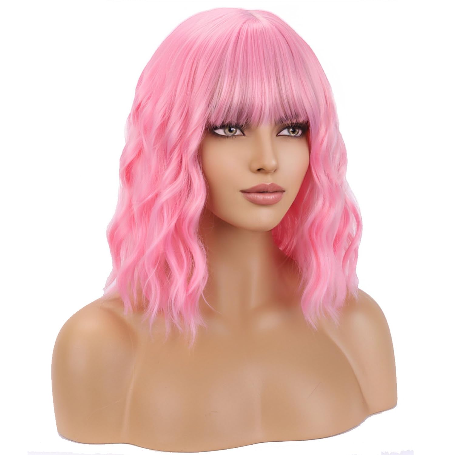 Wthcos Pink Wig Short Curly Wig With Bangs Light Pink Wig For Women Short Wave Wig Synthetic Wigs For Cosplay Costume Party With