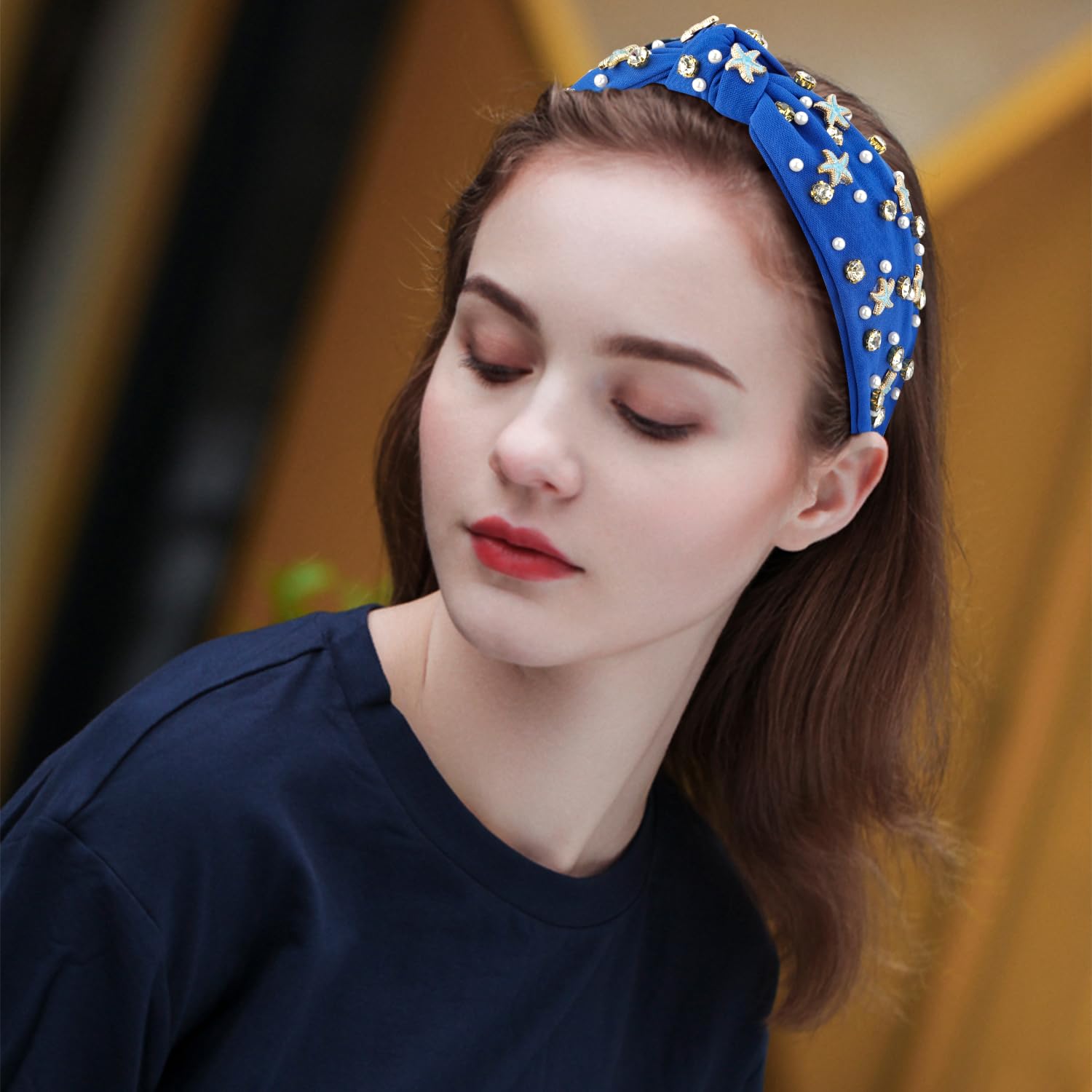 Atoden Royal Blue Headband With Pearl, Rhinestone, And Starfish Embellishments For Women'S Hair - Wide Top Knot Headband - Hair