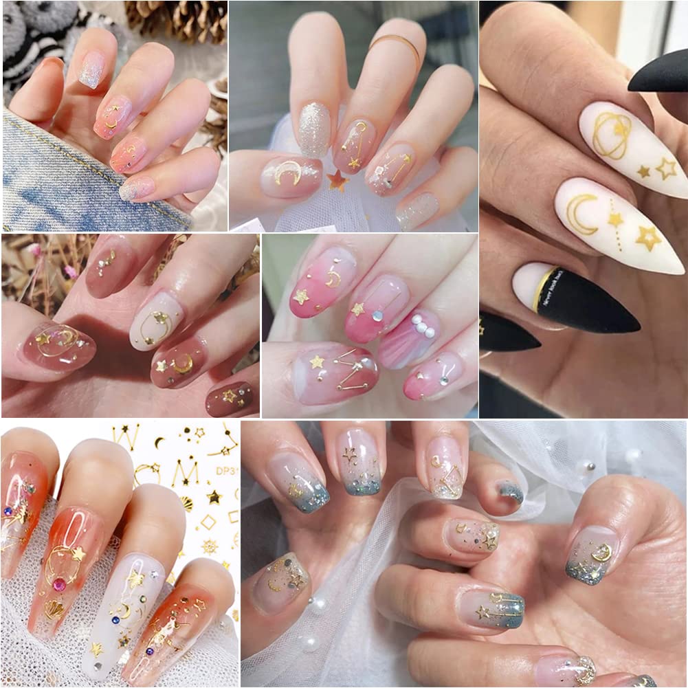 12 Sheets Gold Nail Art Stickers Decals,Nail Supplies 3D Self-Adhesive Nail Decals Metallic Stars Moon Glitter Gold Silver Nail