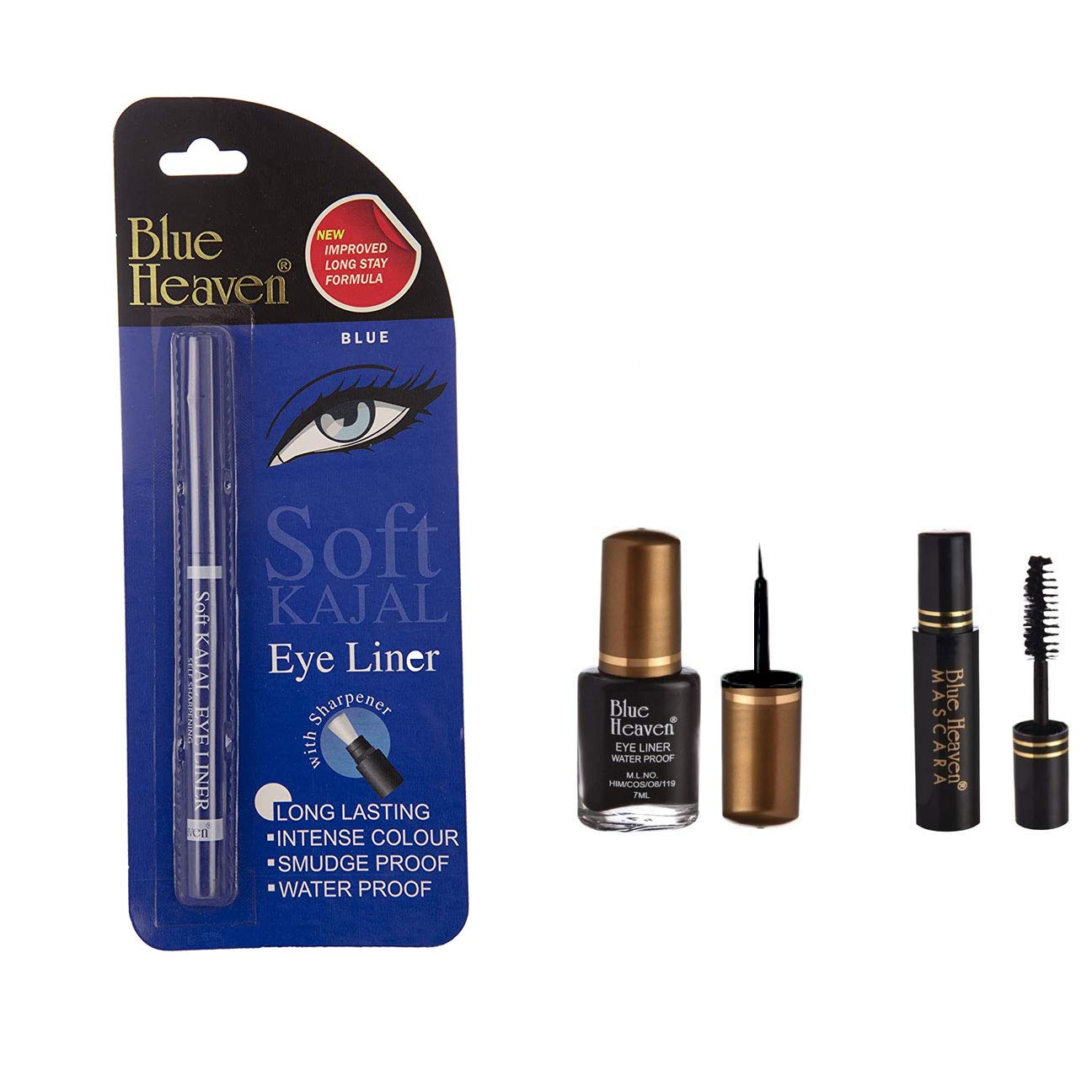 Blue Heaven 2X Intense Blue Kajal, Black Eyeliner And Mascara Combo Of 3 Items