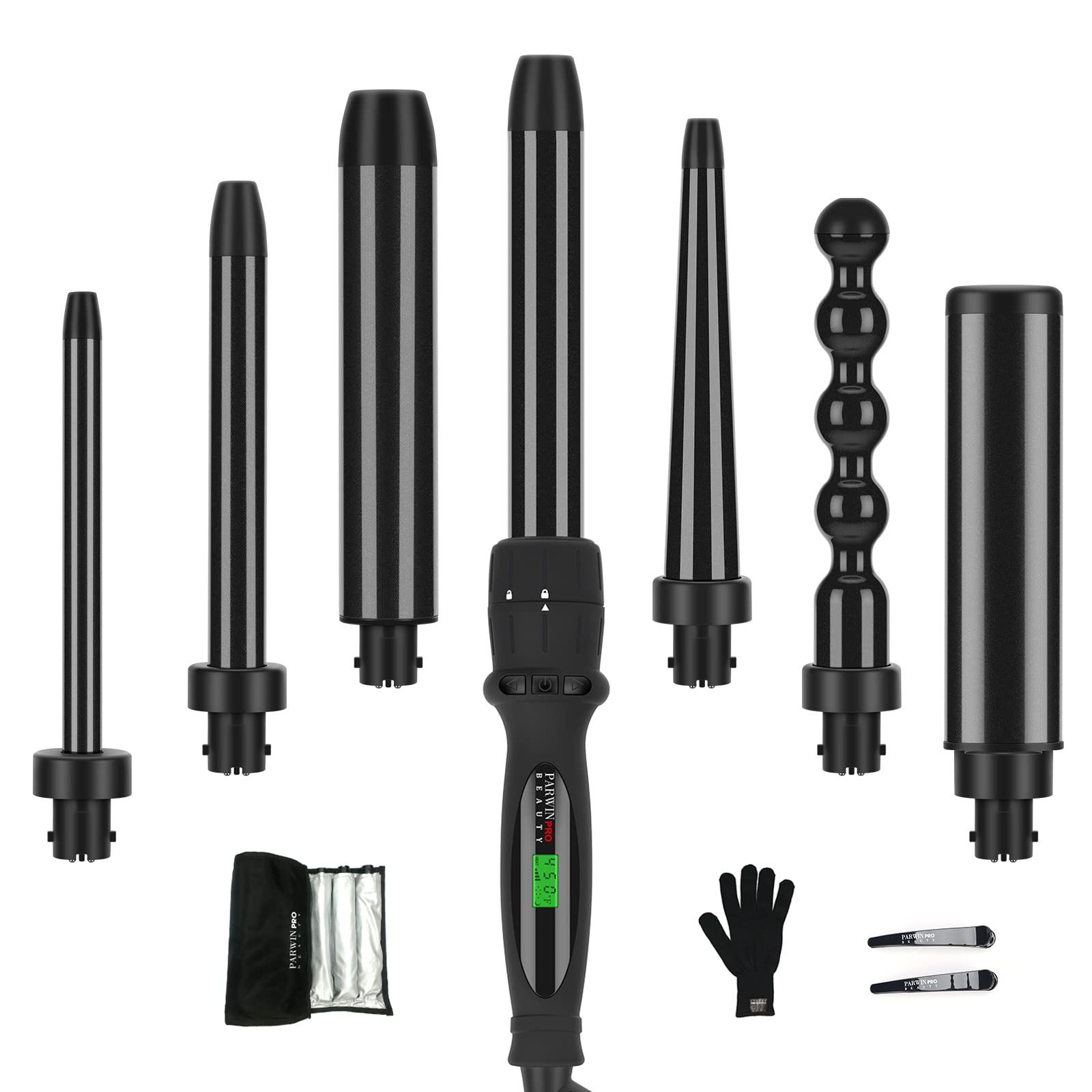 Curling Iron,PARWIN PRO BEAUTY 7 in 1 Curling Wand Set with 7 Interchangeable Barrels and Heat Protective Glove Auto Shut Off Du