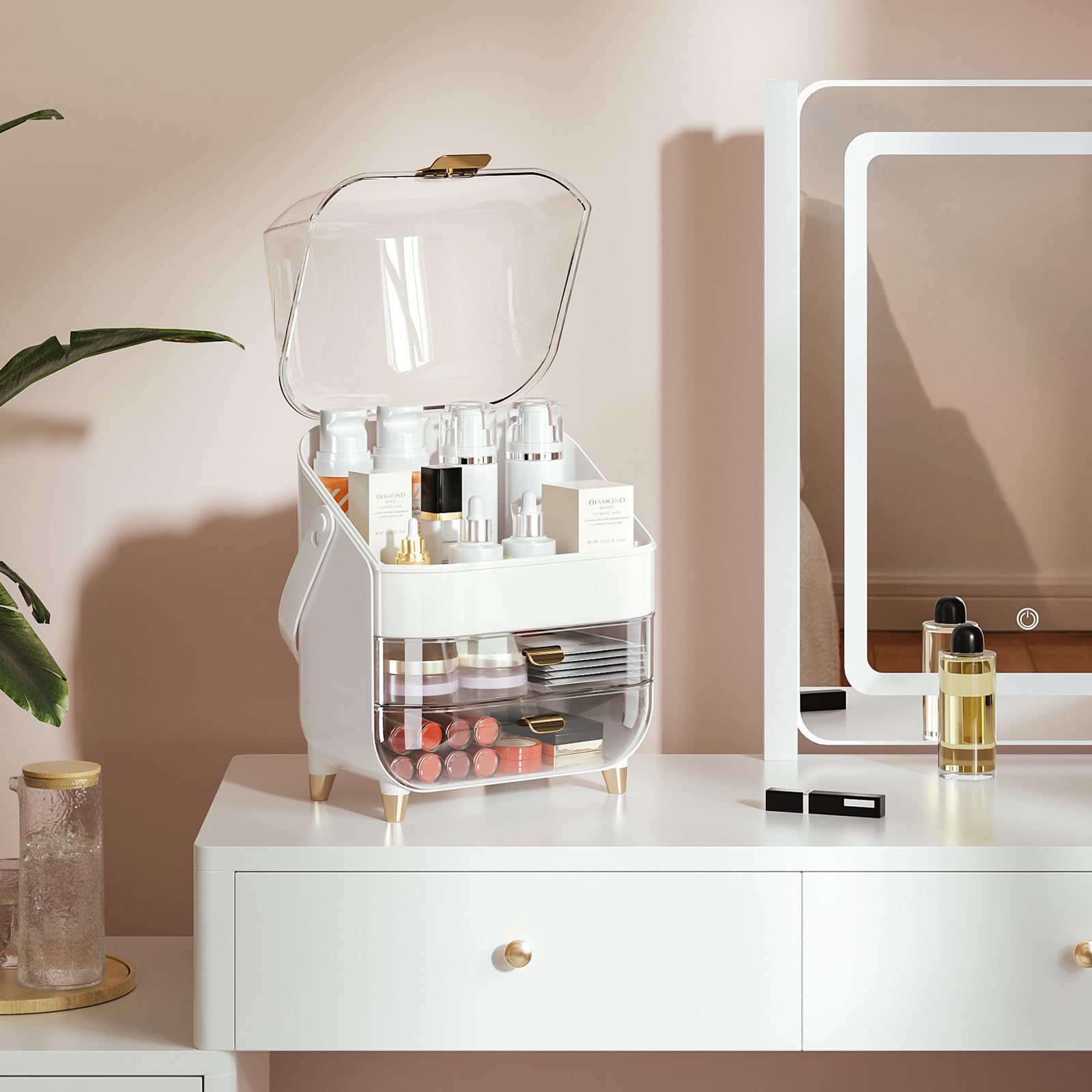 Delamu Makeup Organizer For Vanity, Skincare Organizer With Lid And Drawers, Bathroom Counter Organizer Perfume Makeup Storage,