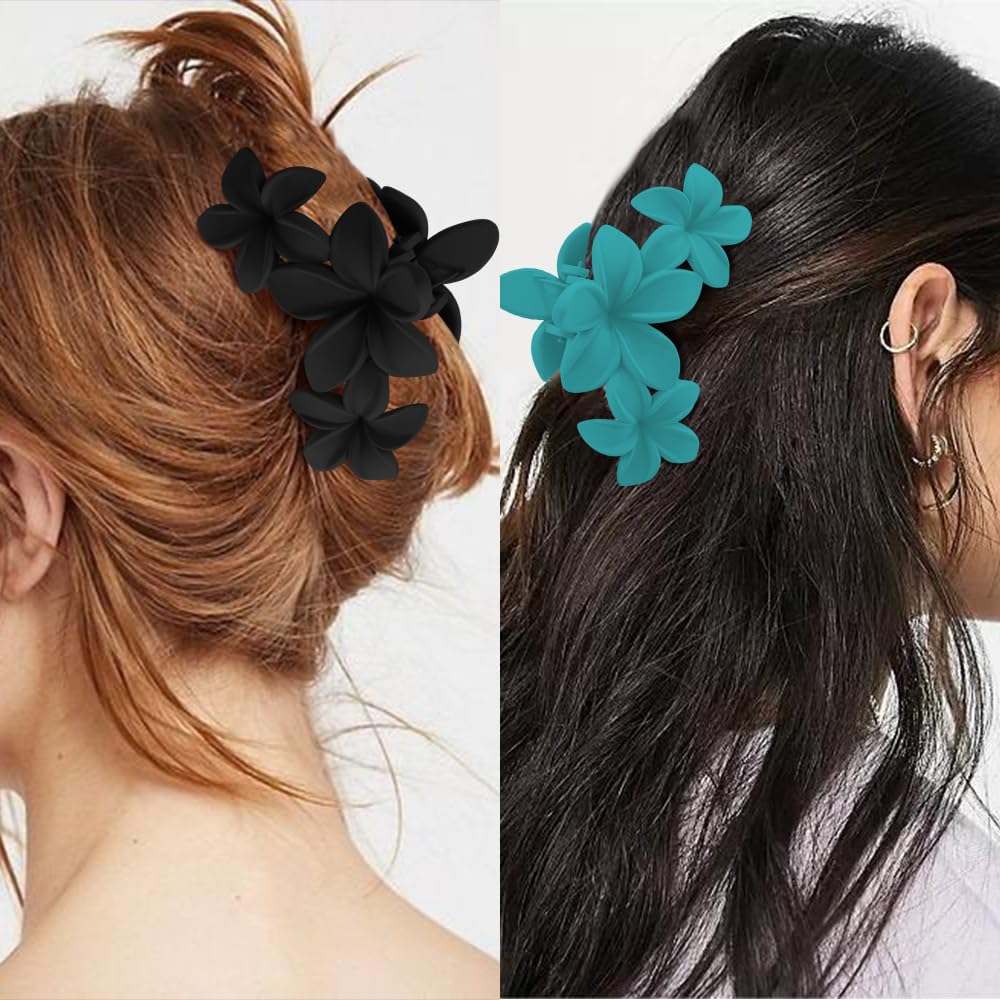 Ahoney 6PCS Blue Flower Hair Clips for Women Strong Hold Nonslip, Big Flower Claw Clip for Thick Hair, Hawaiian Cute Hair Clips