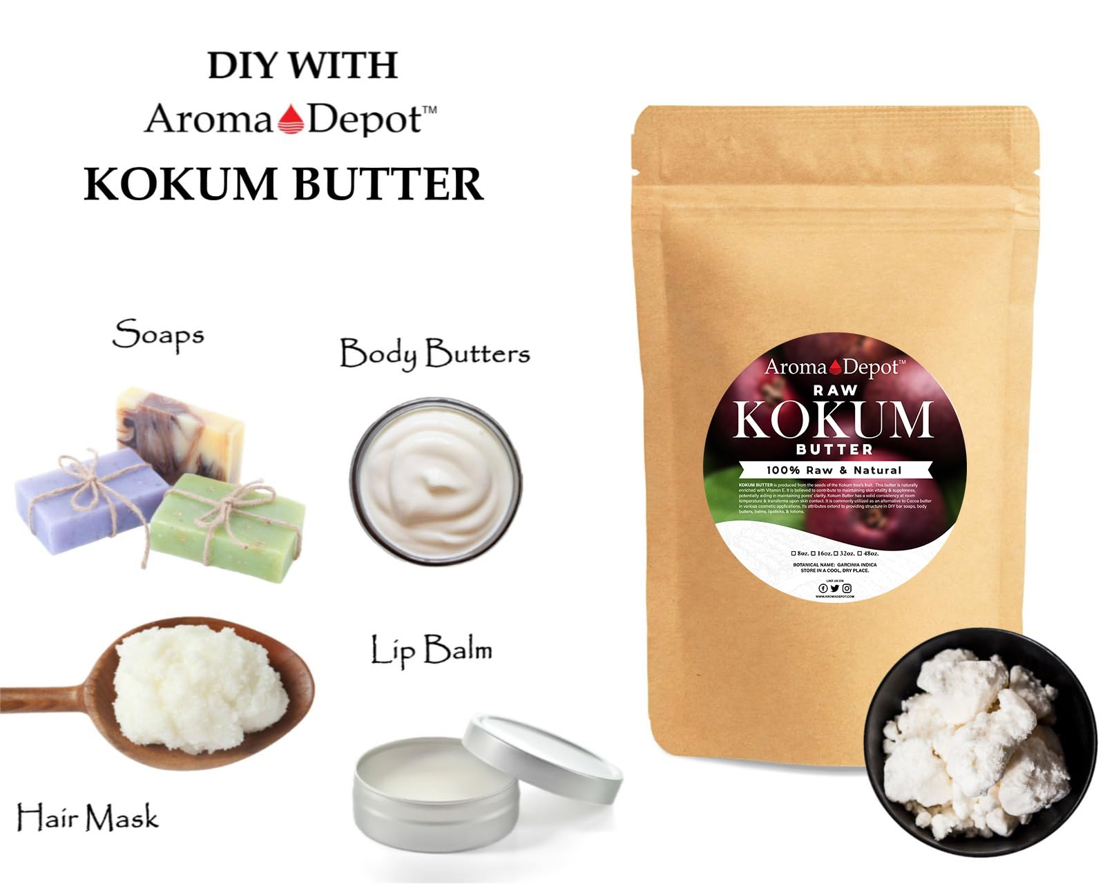Aroma Depot Kokum Butter 1 Lb. Jar (Chunks) Raw I Great For Skin, Body And Hair. 100% Pure I Natural I Cold Pressed I Thickener