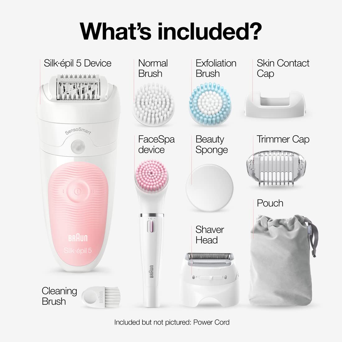 Braun Se5-895 Epilator, Hair Removal Device, Epilator For Women, Includes Shaver And Facial Cleansing Exfoliator Brush Attachmen