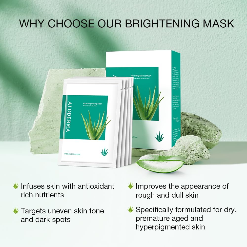 Aloderma Brightening Sheet Masks With 88% Organic Aloe Vera - 5 Pack Facial Masks With Niacinamide, Arginine For Radiant Skin -